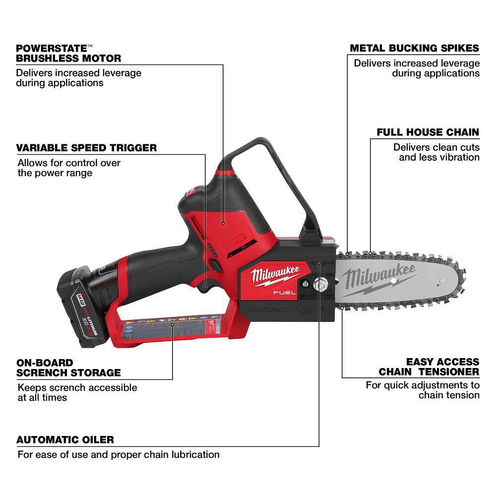 Milwaukee M12 FUEL 6 in. 12V Lithium-Ion Brushless Electric Cordless Pole Saw Pruning Saw HATCHET with M12 6.0 Ah Battery Milwaukee M12 FUEL 6 in. 12V Lithium-Ion Brushless Electric Cordless Pole Saw Pruning Saw HATCHET with M12 6.0 Ah Battery - Image 10
