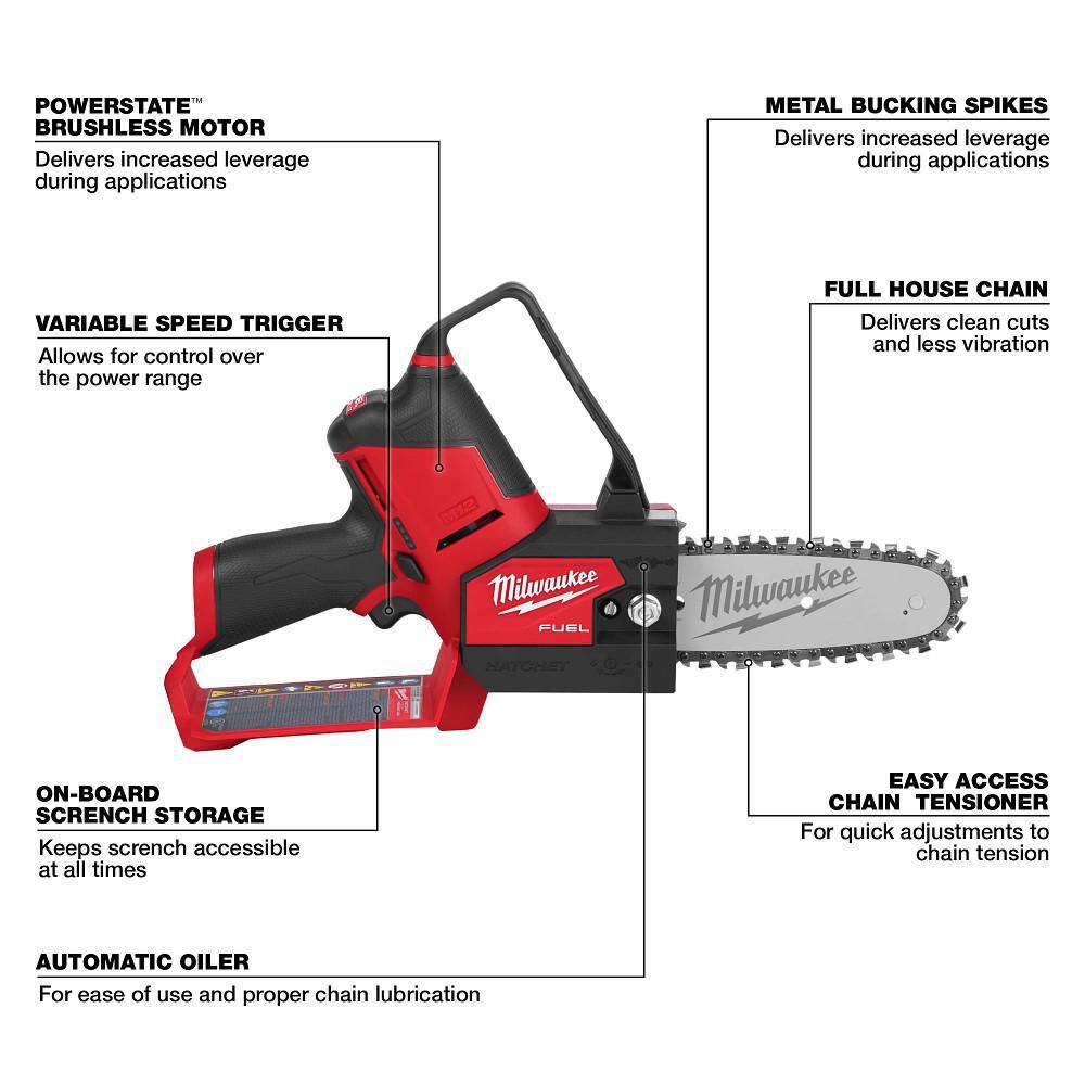 Milwaukee M12 FUEL 12V Lithium-Ion Brushless Battery 6 in. HATCHET Chainsaw (Tool-Only) with Extra 6 in. Chain Milwaukee M12 FUEL 12V Lithium-Ion Brushless Battery 6 in. HATCHET Chainsaw (Tool-Only) with Extra 6 in. Chain - Image 10