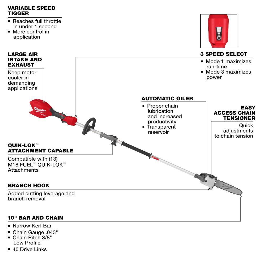 Milwaukee M18 FUEL 18V 10 in. Brushless Cordless Battery Powered Pole Saw with QUIK-LOK Attachment Capability & (2) Extra Chain Milwaukee M18 FUEL 18V 10 in. Brushless Cordless Battery Powered Pole Saw with QUIK-LOK Attachment Capability & (2) Extra Chain - Image 11