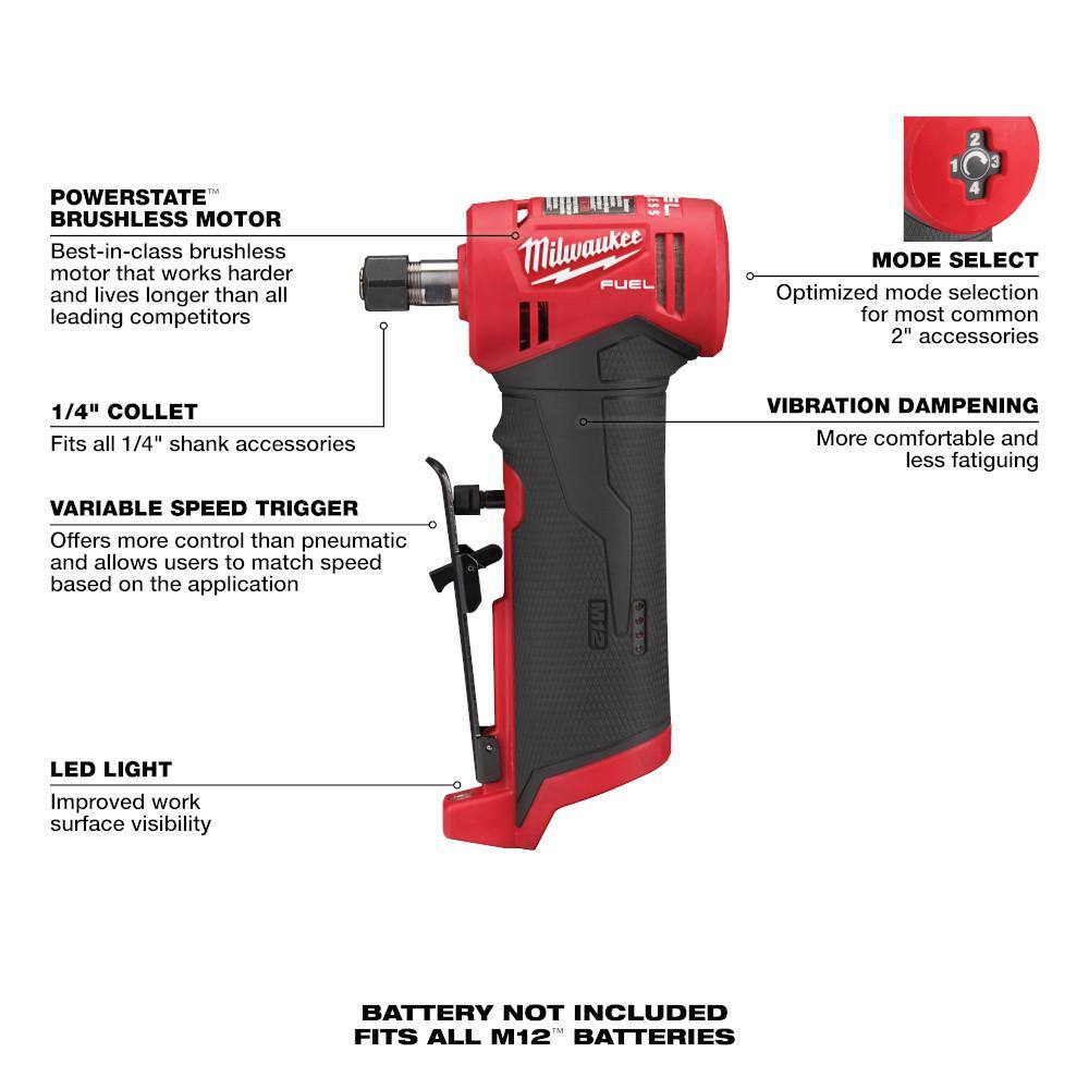 Milwaukee M12 FUEL 12V Lithium-Ion Brushless Cordless 1/4 in. Right Angle Die Grinder with XC Battery Pack 4.0 Ah and Starter Kit Milwaukee M12 FUEL 12V Lithium-Ion Brushless Cordless 1/4 in. Right Angle Die Grinder with XC Battery Pack 4.0 Ah and Starter Kit - Image 13