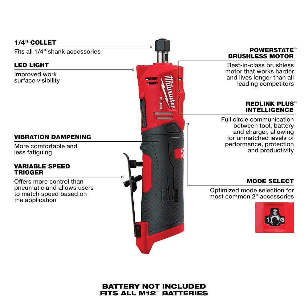 Milwaukee M12 FUEL 12V Lithium-Ion Brushless Cordless 1/4 in. Straight Die Grinder w/CP High Output 2.5 Ah Battery Pack Milwaukee M12 FUEL 12V Lithium-Ion Brushless Cordless 1/4 in. Straight Die Grinder w/CP High Output 2.5 Ah Battery Pack - Image 12