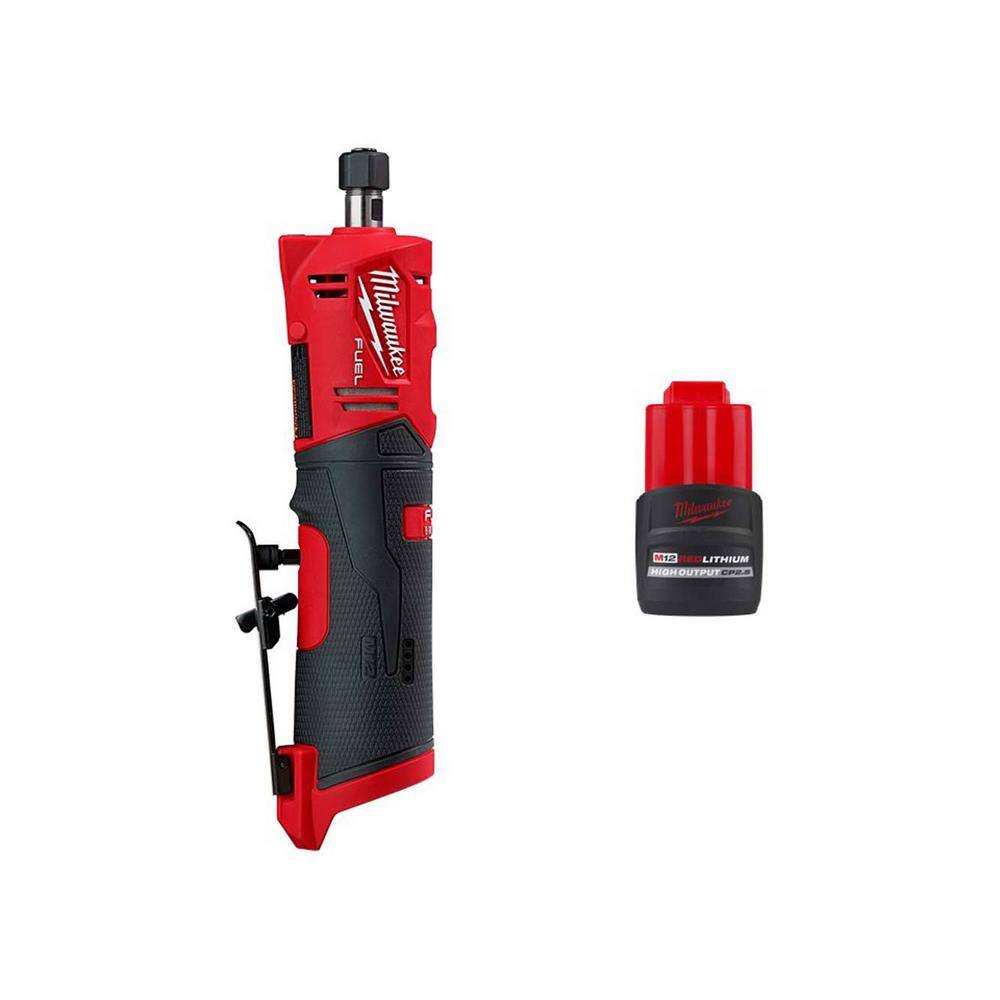 Milwaukee M12 FUEL 12V Lithium-Ion Brushless Cordless 1/4 in. Straight Die Grinder w/CP High Output 2.5 Ah Battery Pack Milwaukee M12 FUEL 12V Lithium-Ion Brushless Cordless 1/4 in. Straight Die Grinder w/CP High Output 2.5 Ah Battery Pack