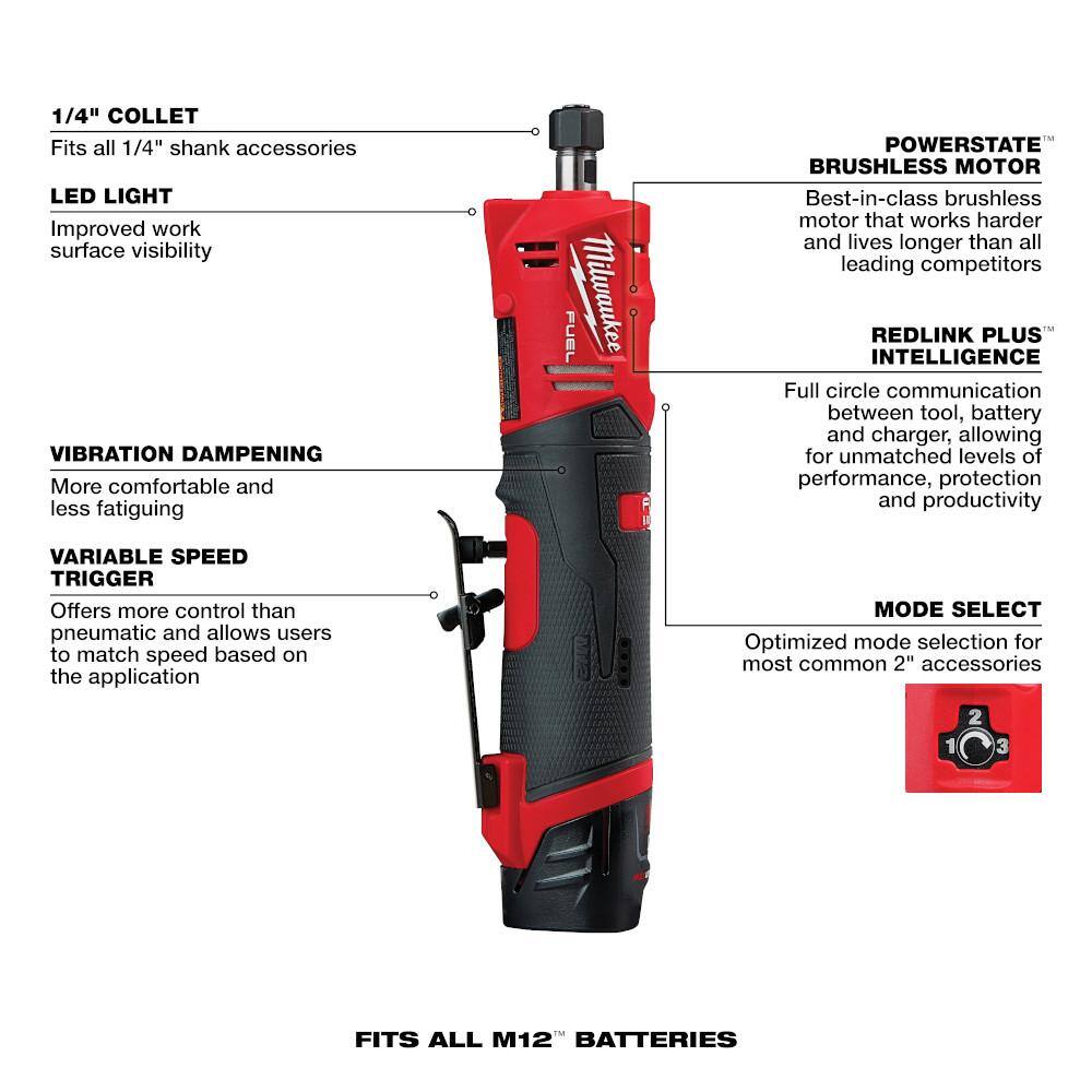 Milwaukee M12 FUEL 12V Lithium-Ion Brushless Cordless 1/4 in. Straight Die Grinder Kit with Two 2.0 Ah Batteries Milwaukee M12 FUEL 12V Lithium-Ion Brushless Cordless 1/4 in. Straight Die Grinder Kit with Two 2.0 Ah Batteries - Image 9