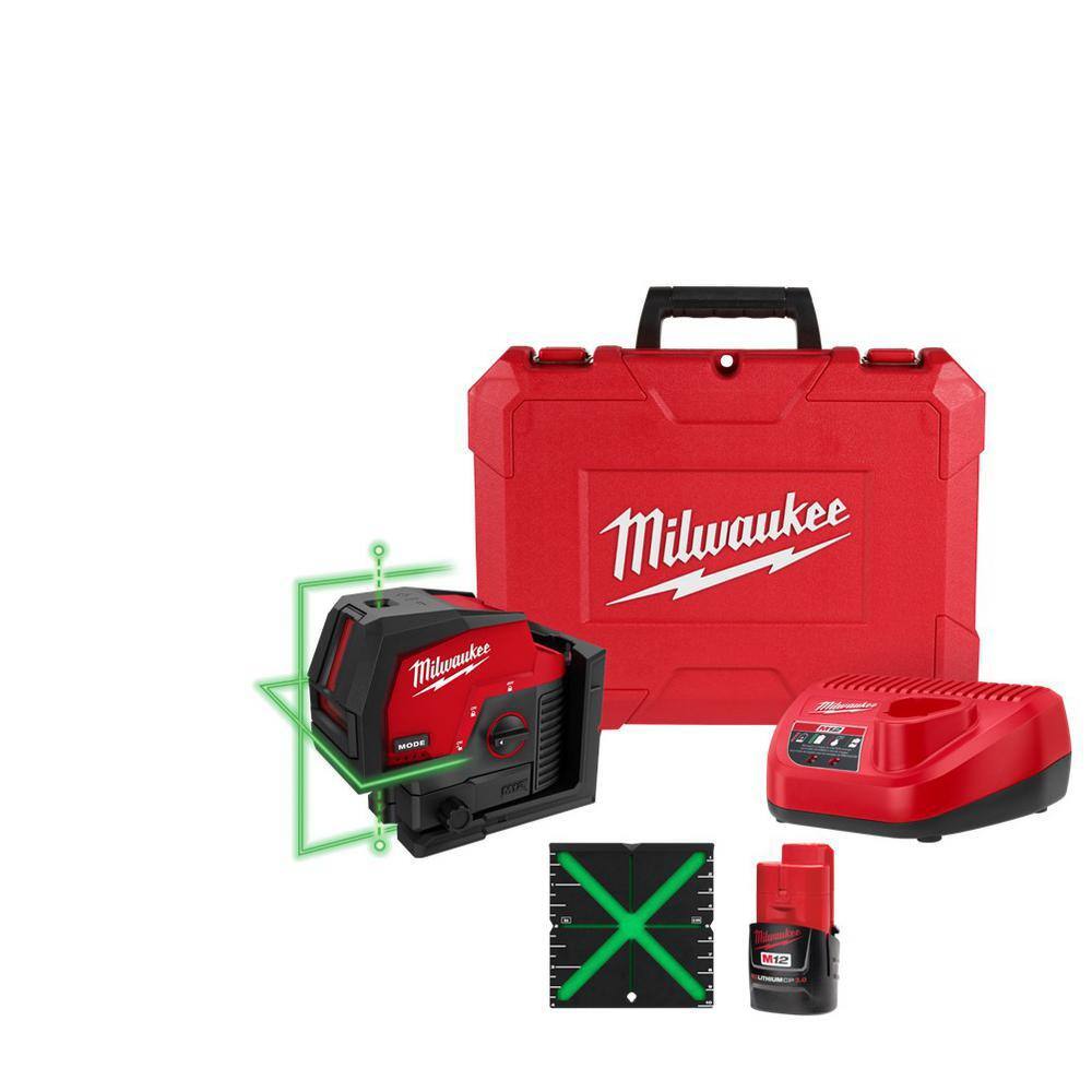 Milwaukee M12 12-Volt Lithium-Ion Cordless Green 125 ft. Cross Line and Plumb Points Laser Level Kit with 3.0 Ah Battery Milwaukee M12 12-Volt Lithium-Ion Cordless Green 125 ft. Cross Line and Plumb Points Laser Level Kit with 3.0 Ah Battery