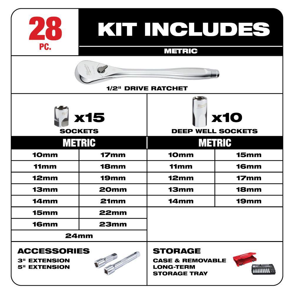 Milwaukee 1/2 in. Drive Metric Ratchet and Socket Mechanics Tool Set (28-Piece) Milwaukee 1/2 in. Drive Metric Ratchet and Socket Mechanics Tool Set (28-Piece) - Image 9