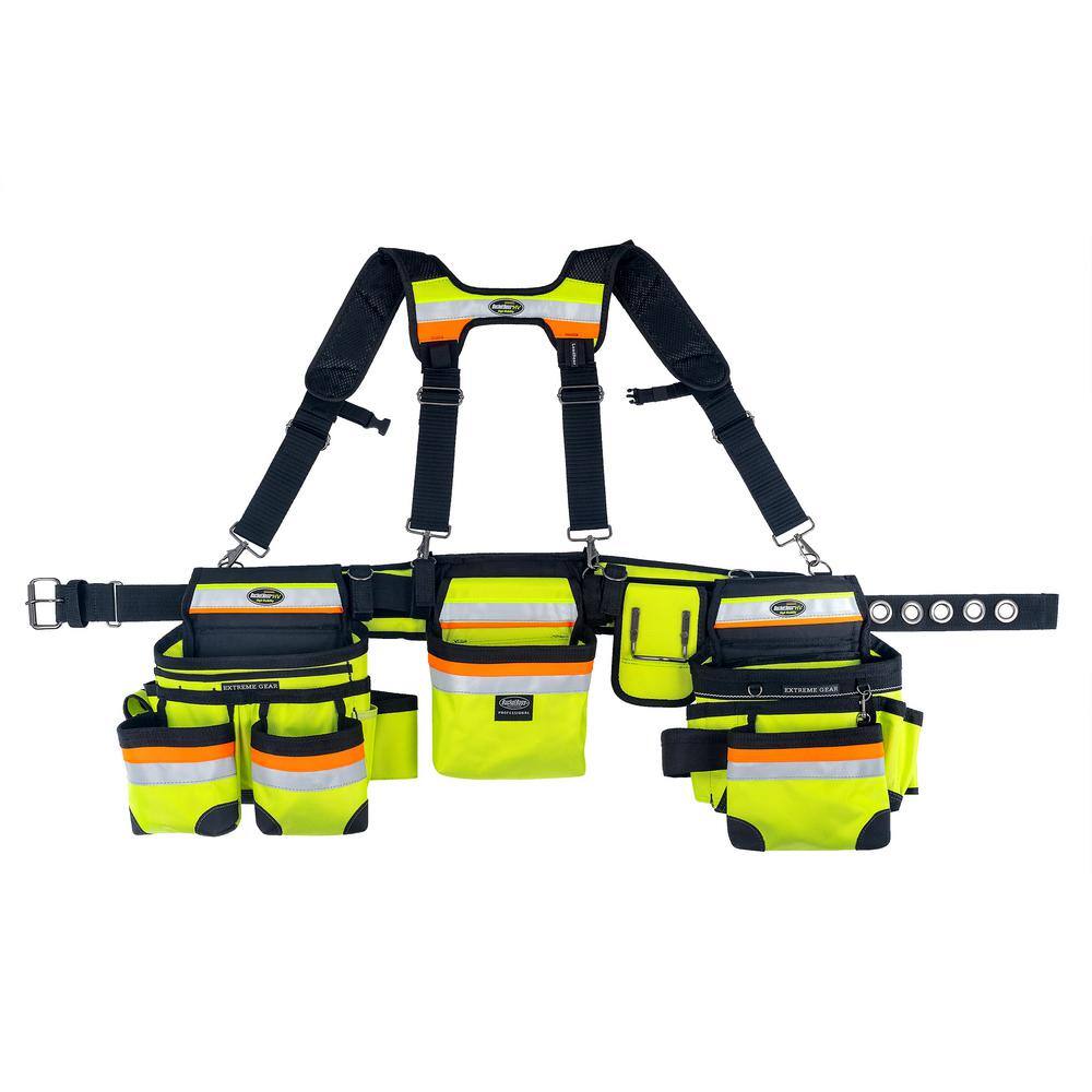 BUCKET BOSS Hi-Visibility 3-Bag Framer's Tool Belt with Suspenders Suspension Rig with 29-Pockets BUCKET BOSS