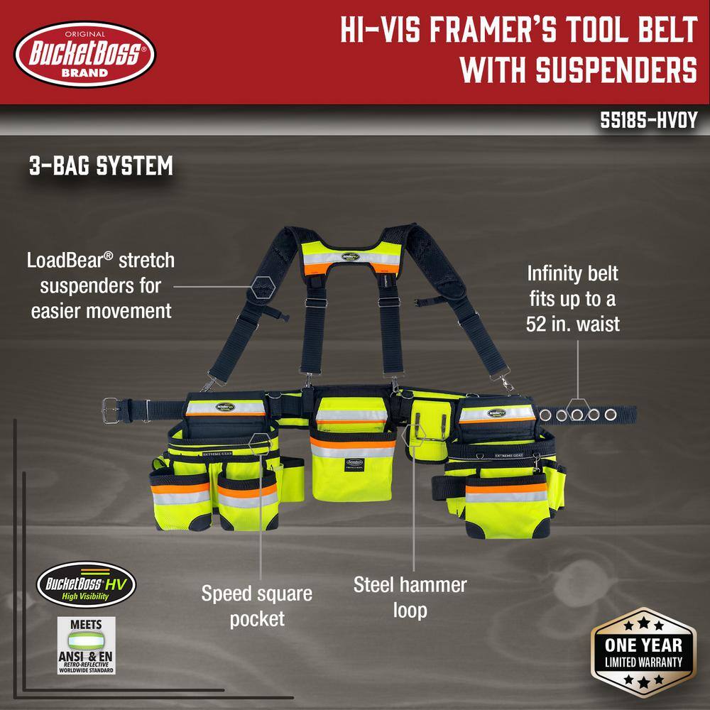 BUCKET BOSS Hi-Visibility 3-Bag Framer's Tool Belt with Suspenders Suspension Rig with 29-Pockets BUCKET BOSS Hi-Visibility 3-Bag Framer's Tool Belt with Suspenders Suspension Rig with 29-Pockets - Image 12