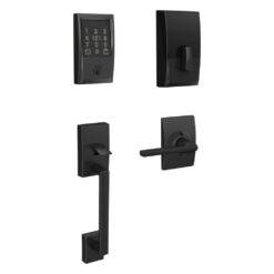 Schlage Century Matte Black Encode Plus Smart WiFi Deadbolt and Handleset Grip with Latitude Door Handle and Century Trim