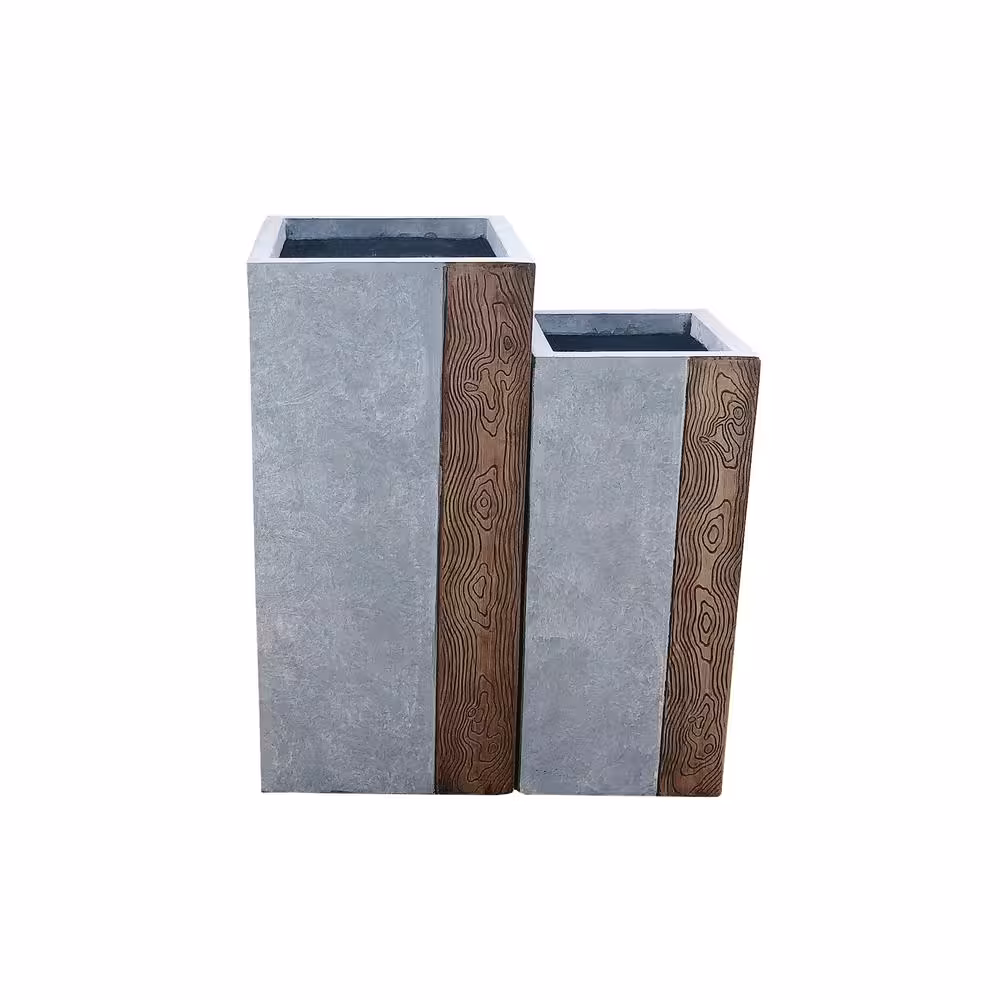 Kante Lightweight Concrete Tall Modern Square Outdoor Planter Set, 28 in. and 24 in. Tall, Timber Ridge