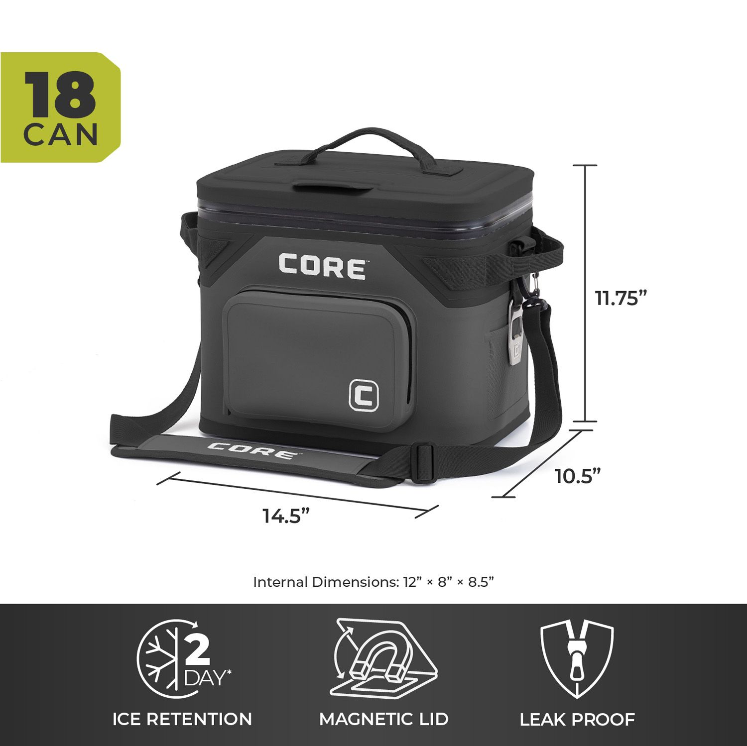 CORE CLIMAKEEP Magnetic 18-Can Soft Cooler - Charcoal CORE CLIMAKEEP Magnetic 18-Can Soft Cooler - Charcoal