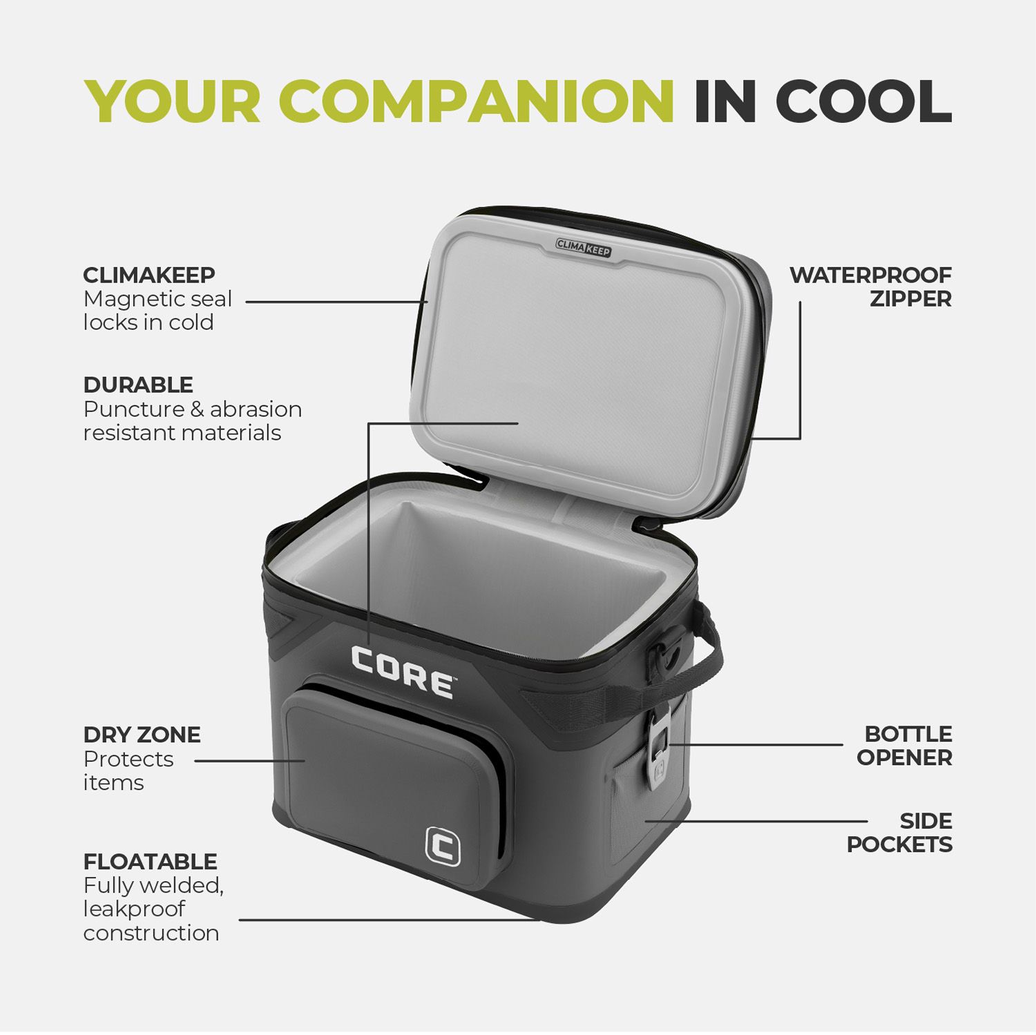 CORE CLIMAKEEP Magnetic 18-Can Soft Cooler - Charcoal CORE CLIMAKEEP Magnetic 18-Can Soft Cooler - Charcoal