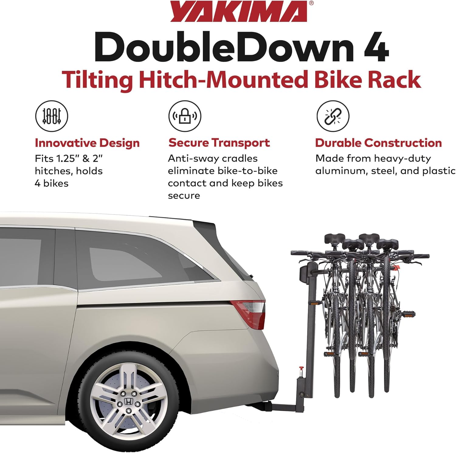 YAKIMA DoubleDown 4 - Tilting Hitch-Mounted Bike Rack YAKIMA DoubleDown 4 - Tilting Hitch-Mounted Bike Rack for Cars, SUVs, Trucks and More, Fits 1.25” and 2” Hitches, Anti-Sway and Folding Arms, Carries 4 Bikes