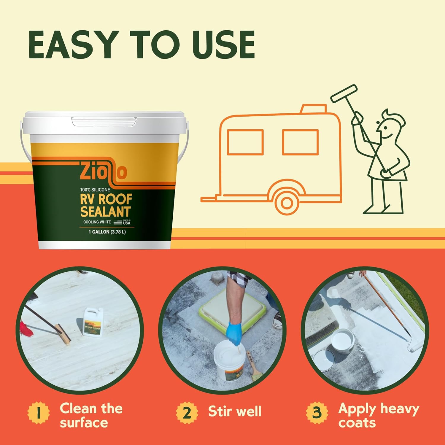 Ziollo RV 30 ft Roof Repair Kit - Roof Repair Kit to Seal and Waterproof, Bond to EPDM Rubber with Sealant Ziollo RV 30 ft Roof Repair Kit - Roof Repair Kit to Seal and Waterproof, Bond to EPDM Rubber with Sealant (1 Paintable Tape, 4 pk Caulking, 1 Cleaner and 4G Silicone Pail)