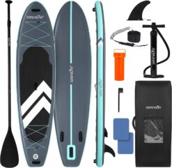 SereneLife Ultra-Light Inflatable Stand Up Paddle Board with Premium SUP Accessories - Extra Wide Stable Design with Non-Slip EVA Deck Pad for Youth and Adults of All Skill Levels - 350 lbs Capacity