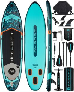 11'6"×34"×6" Extra Wide Inflatable Paddle Board, Stand Up Paddle Board for Fishing, Sup Board with 3 Removable Fins, Dual Bungees, Camera Mount, Hand Pump, Strong Paddle, 5L Dry Bag, Leash