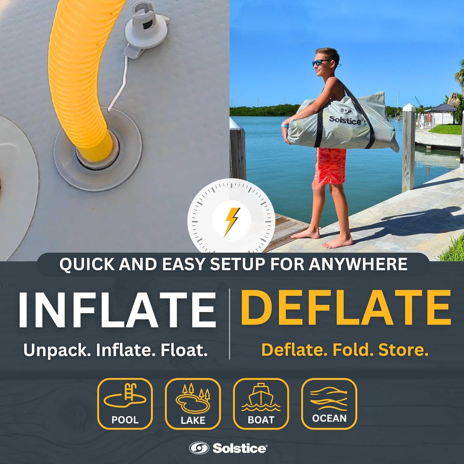 SOLSTICE 8-Person Classic Inflatable Dock, Floating Water Raft Platform, 10ft x 8ft SOLSTICE 8-Person Classic Inflatable Dock, Floating Water Raft Platform, 10ft x 8ft - Outdoor Fun for Lake, River, Swimming Pool & Beach, Includes Carry Bag & Repair Kit