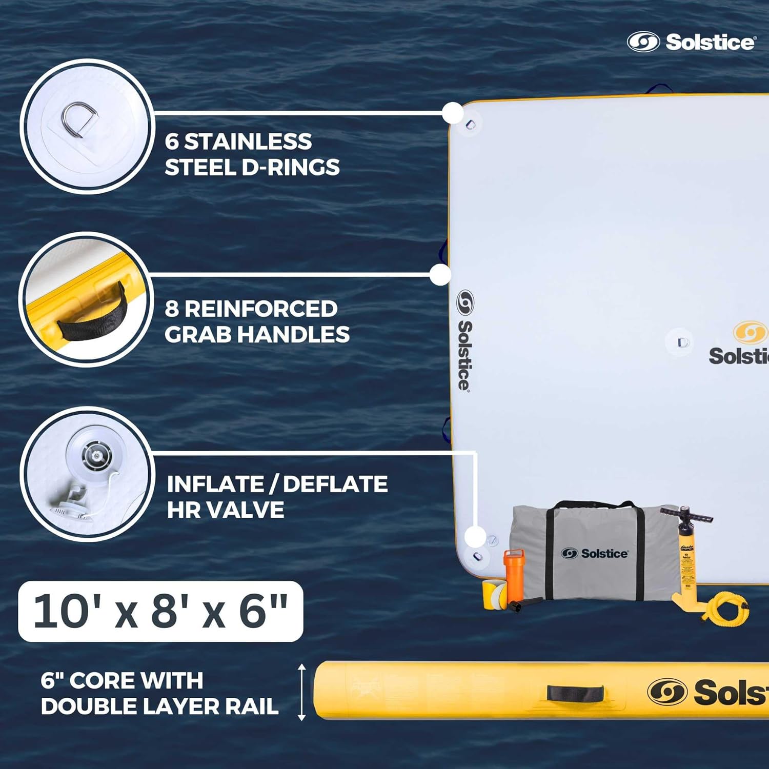 SOLSTICE 8-Person Classic Inflatable Dock, Floating Water Raft Platform, 10ft x 8ft SOLSTICE 8-Person Classic Inflatable Dock, Floating Water Raft Platform, 10ft x 8ft - Outdoor Fun for Lake, River, Swimming Pool & Beach, Includes Carry Bag & Repair Kit