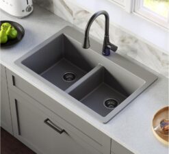 Karran QT-810 33" Top Mount Double Equal Bowl Quartz Kitchen Sink in Grey