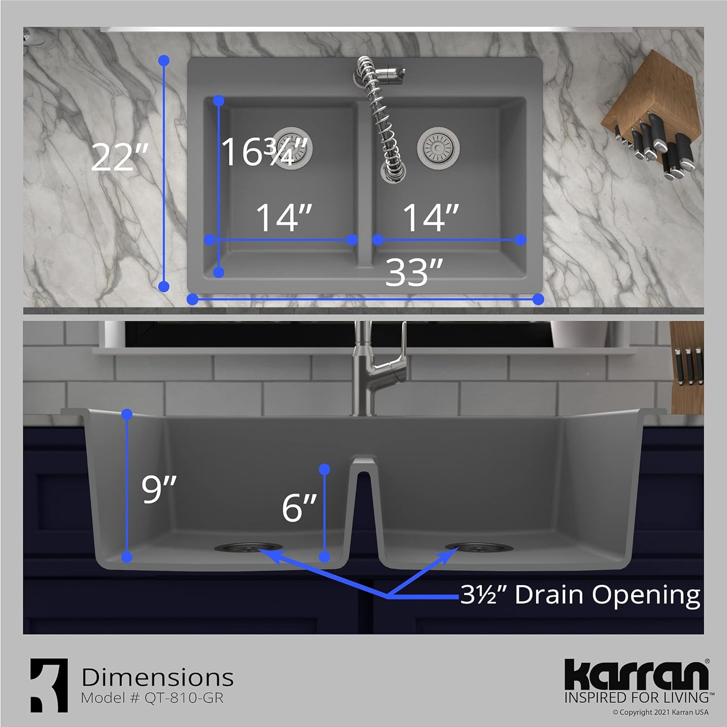 Karran QT-810 33" Top Mount Double Equal Bowl Quartz Kitchen Sink in Grey Karran QT-810 33" Top Mount Double Equal Bowl Quartz Kitchen Sink in Grey