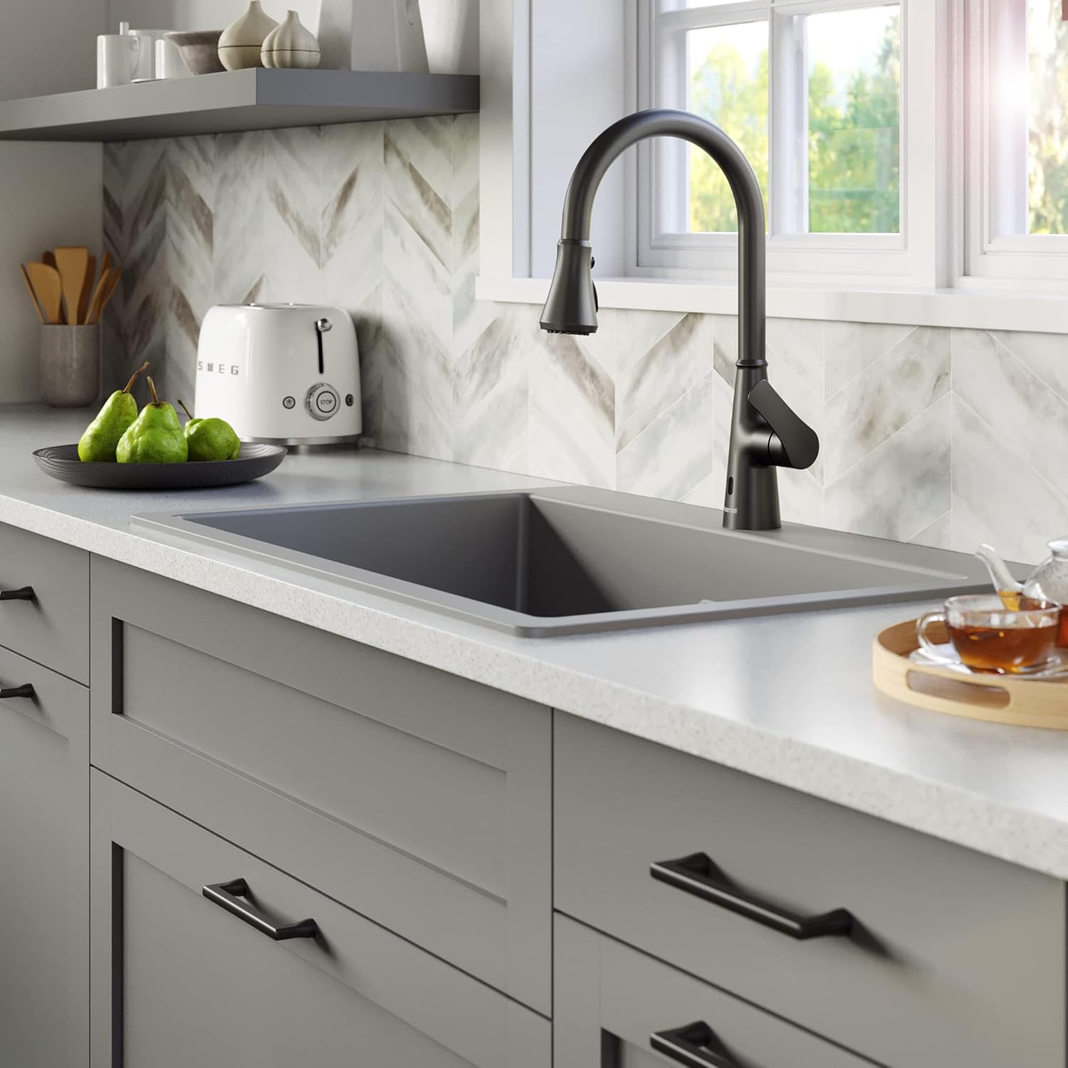 Karran QT-810 33" Top Mount Double Equal Bowl Quartz Kitchen Sink in Grey Karran QT-810 33" Top Mount Double Equal Bowl Quartz Kitchen Sink in Grey