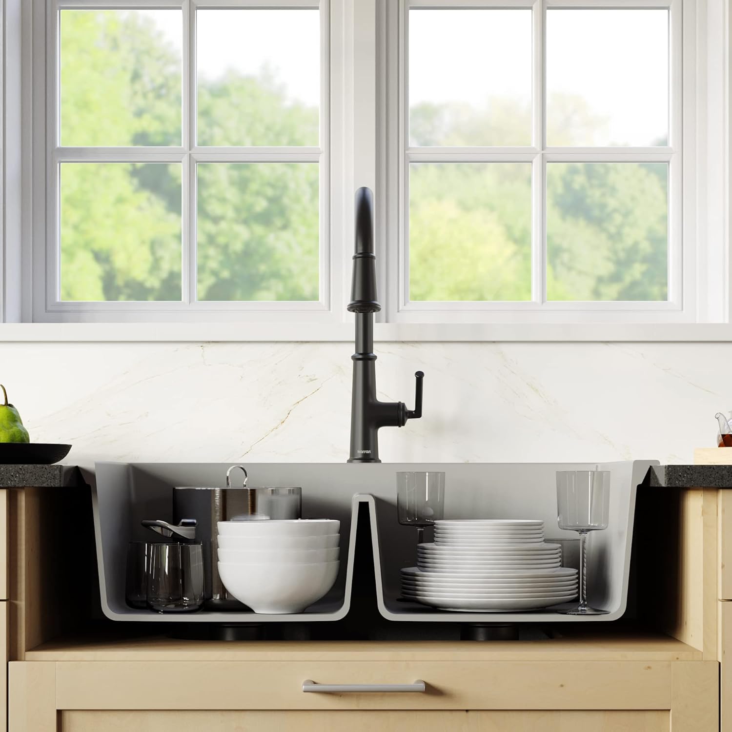 Karran QT-810 33" Top Mount Double Equal Bowl Quartz Kitchen Sink in Grey Karran QT-810 33" Top Mount Double Equal Bowl Quartz Kitchen Sink in Grey