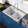 Karran QT-810 33"" Top Mount Double Equal Bowl Quartz Kitchen Sink in White Karran QT-810 33"" Top Mount Double Equal Bowl Quartz Kitchen Sink in White