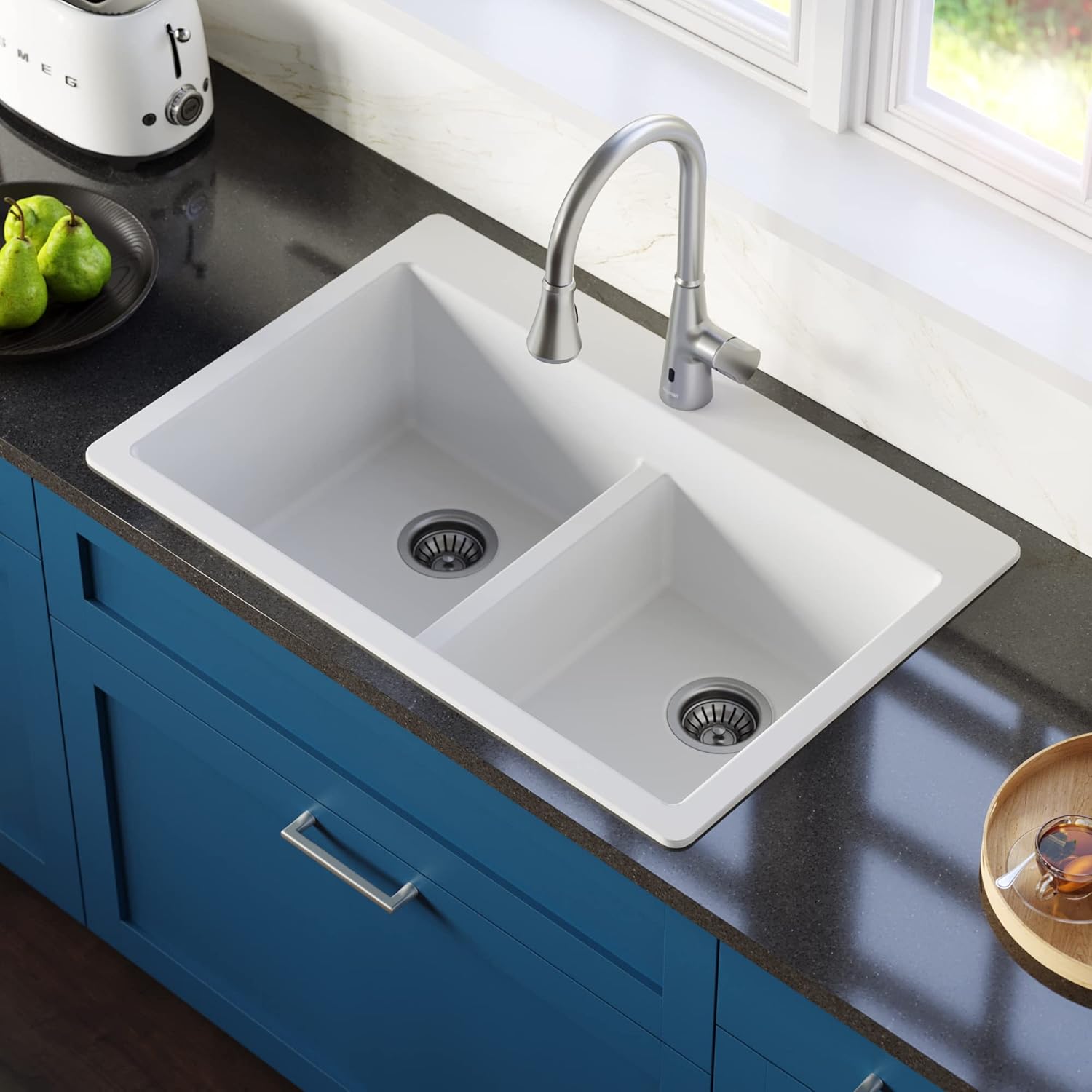 Karran QT-810 33"" Top Mount Double Equal Bowl Quartz Kitchen Sink in White "Karran QT-810 33"" Top Mount Double Equal Bowl Quartz Kitchen Sink in White"