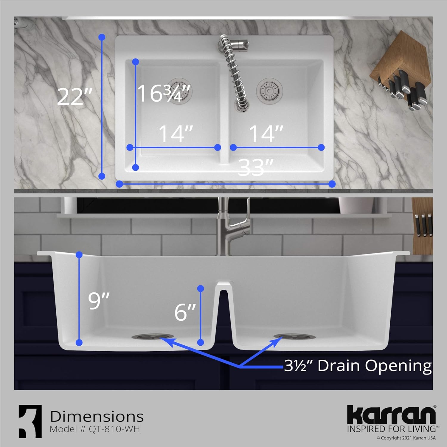 Karran QT-810 33"" Top Mount Double Equal Bowl Quartz Kitchen Sink in White "Karran QT-810 33"" Top Mount Double Equal Bowl Quartz Kitchen Sink in White"