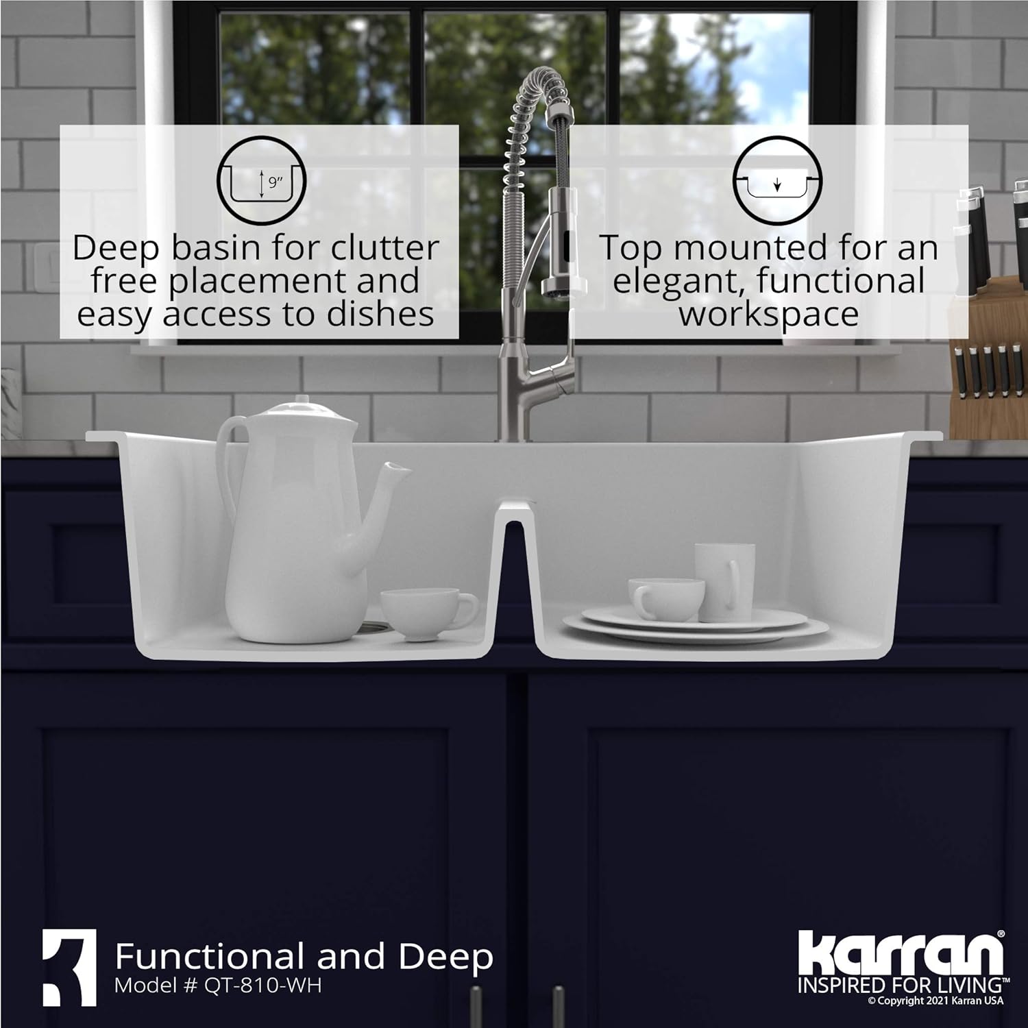 Karran QT-810 33"" Top Mount Double Equal Bowl Quartz Kitchen Sink in White "Karran QT-810 33"" Top Mount Double Equal Bowl Quartz Kitchen Sink in White"