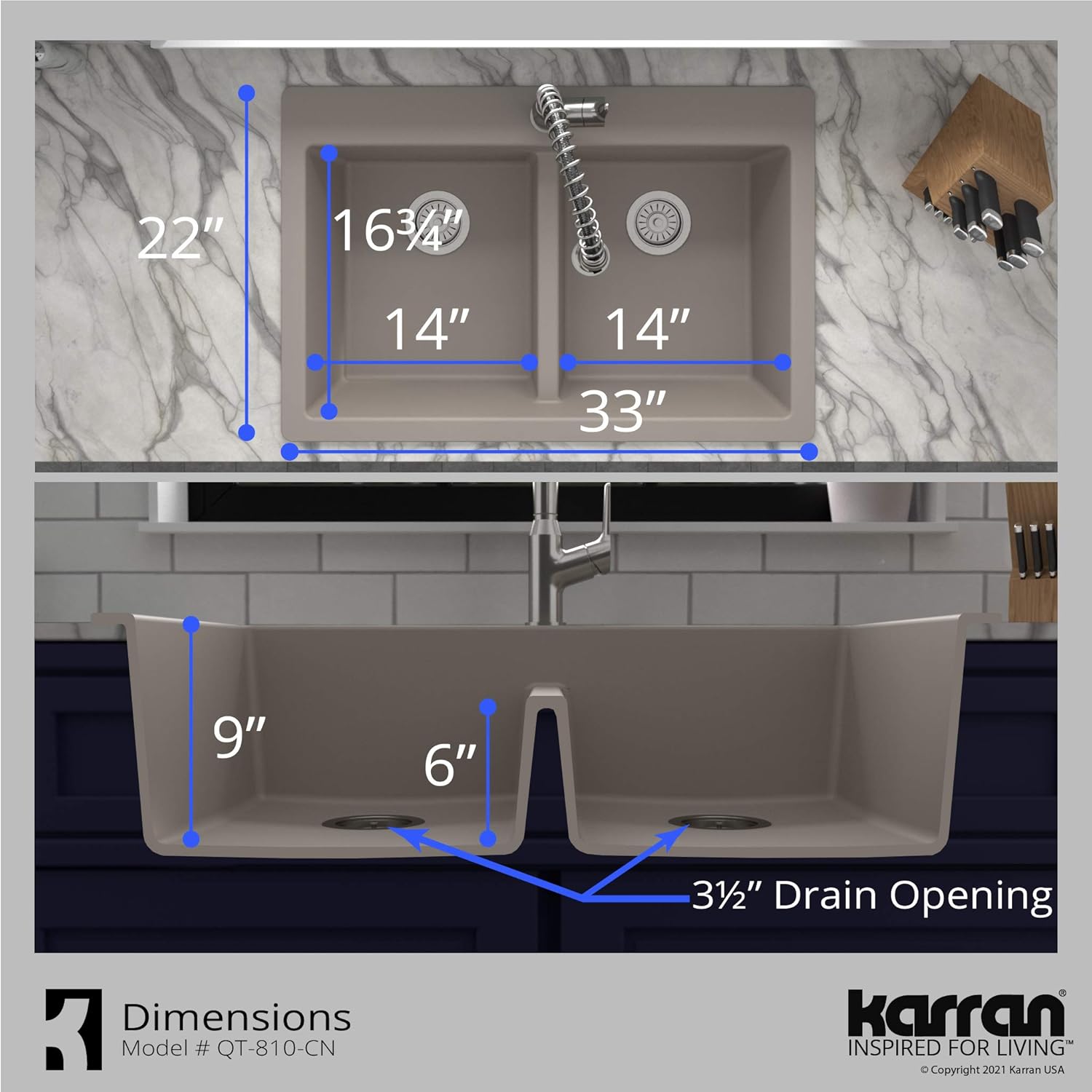 Karran QT-810 33" Top Mount Double Equal Bowl Quartz Kitchen Sink in Concrete Karran QT-810 33" Top Mount Double Equal Bowl Quartz Kitchen Sink in Concrete