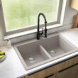 Karran QT-810 33" Top Mount Double Equal Bowl Quartz Kitchen Sink in Concrete Karran QT-810 33" Top Mount Double Equal Bowl Quartz Kitchen Sink in Concrete