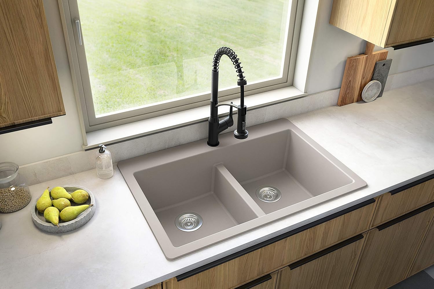 Karran QT-810 33" Top Mount Double Equal Bowl Quartz Kitchen Sink in Concrete Karran QT-810 33" Top Mount Double Equal Bowl Quartz Kitchen Sink in Concrete - Image 9