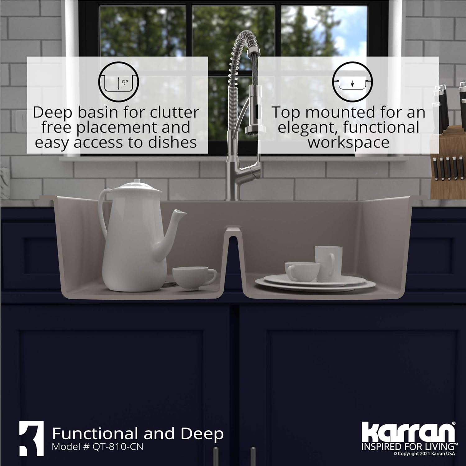 Karran QT-810 33" Top Mount Double Equal Bowl Quartz Kitchen Sink in Concrete Karran QT-810 33" Top Mount Double Equal Bowl Quartz Kitchen Sink in Concrete