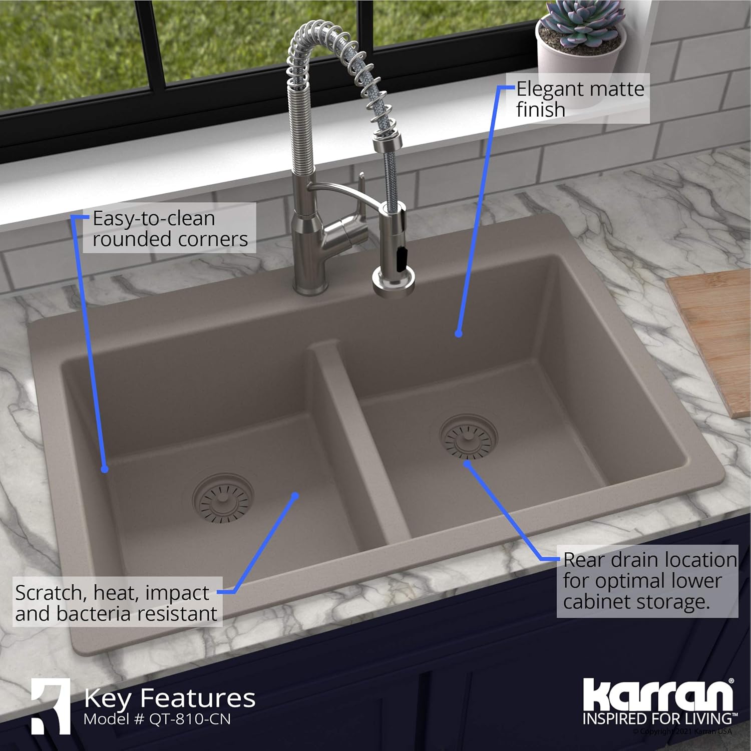 Karran QT-810 33" Top Mount Double Equal Bowl Quartz Kitchen Sink in Concrete Karran QT-810 33" Top Mount Double Equal Bowl Quartz Kitchen Sink in Concrete