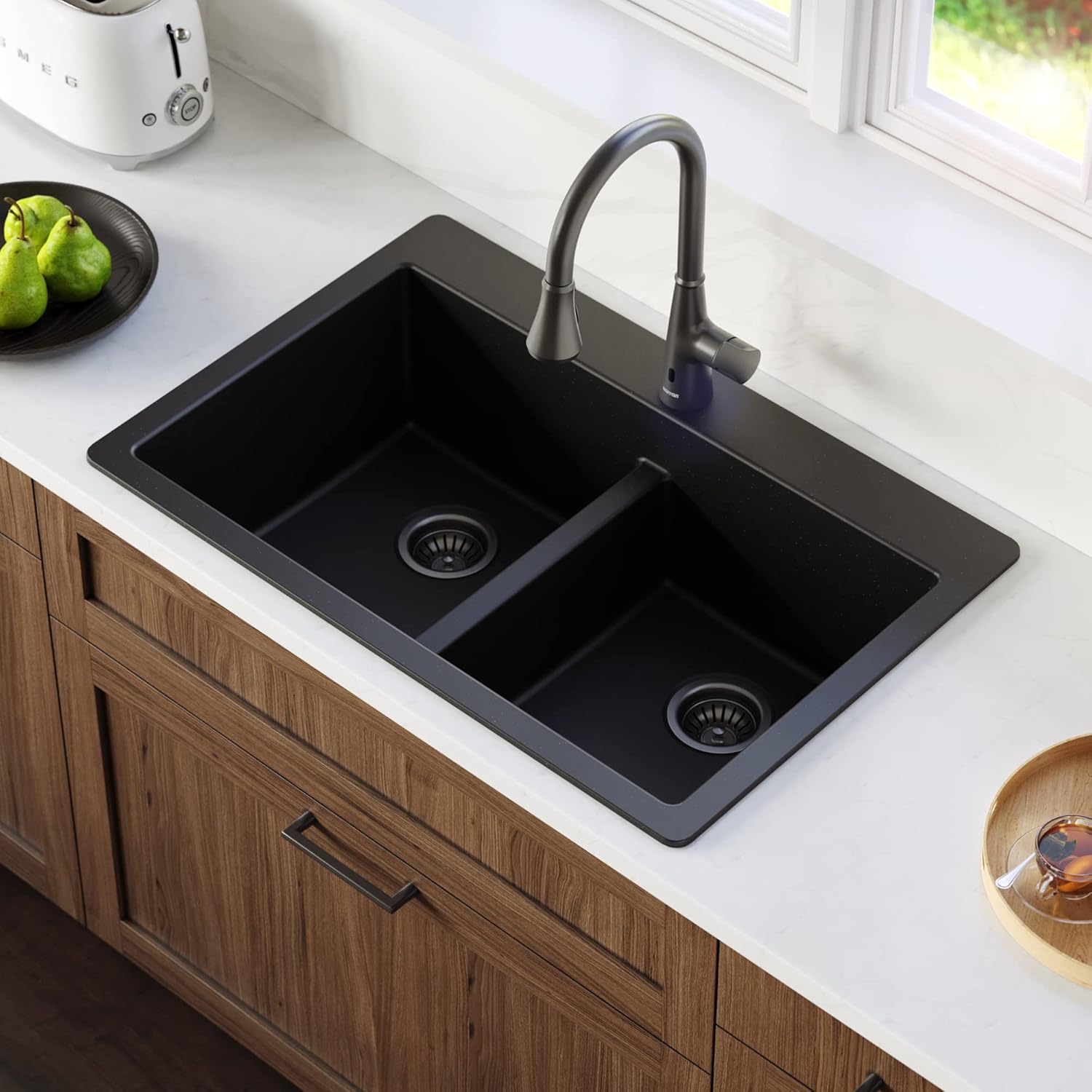 Karran QT-810 33" Top Mount Double Equal Bowl Quartz Kitchen Sink in Black Karran QT-810 33" Top Mount Double Equal Bowl Quartz Kitchen Sink in Black