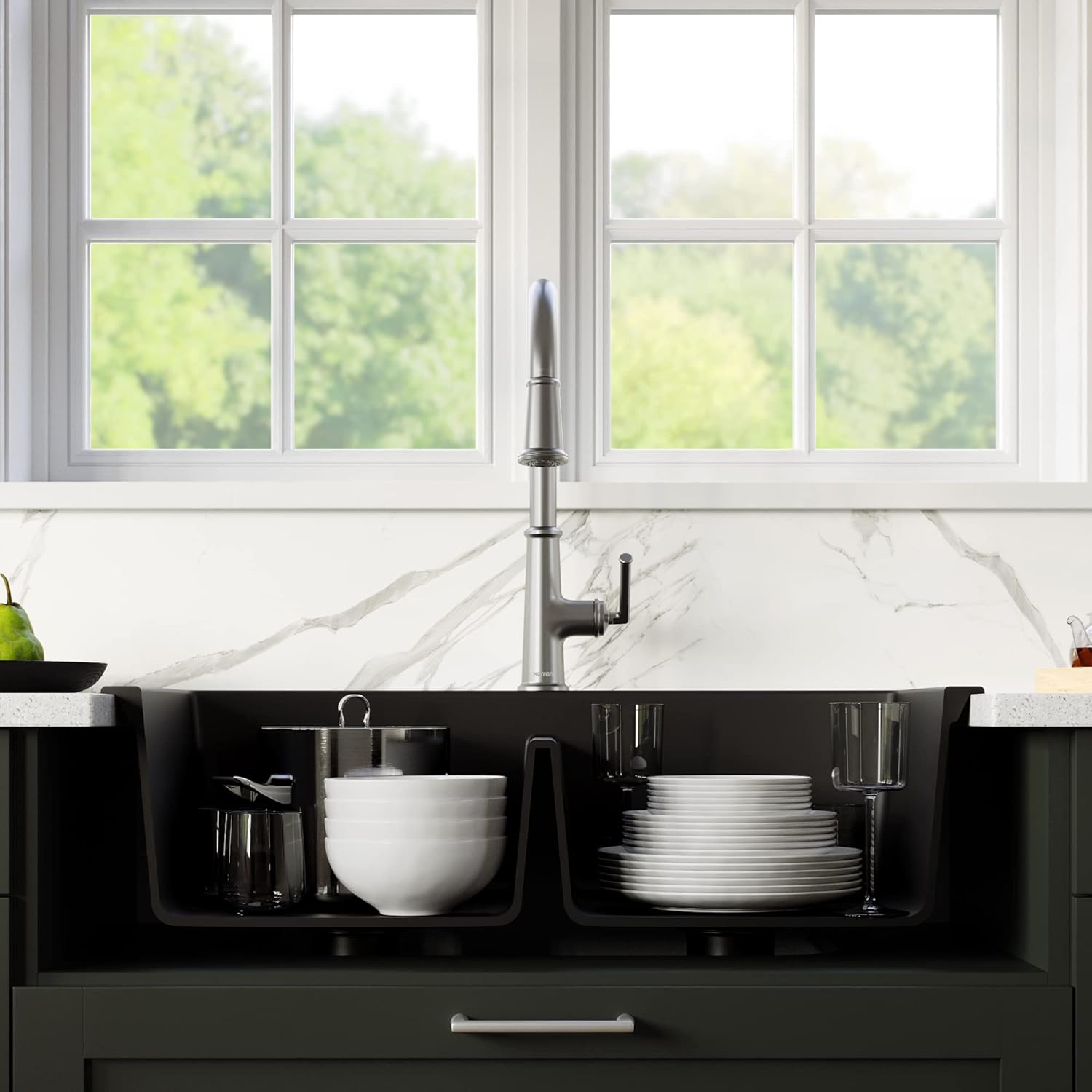 Karran QT-810 33" Top Mount Double Equal Bowl Quartz Kitchen Sink in Black Karran QT-810 33" Top Mount Double Equal Bowl Quartz Kitchen Sink in Black