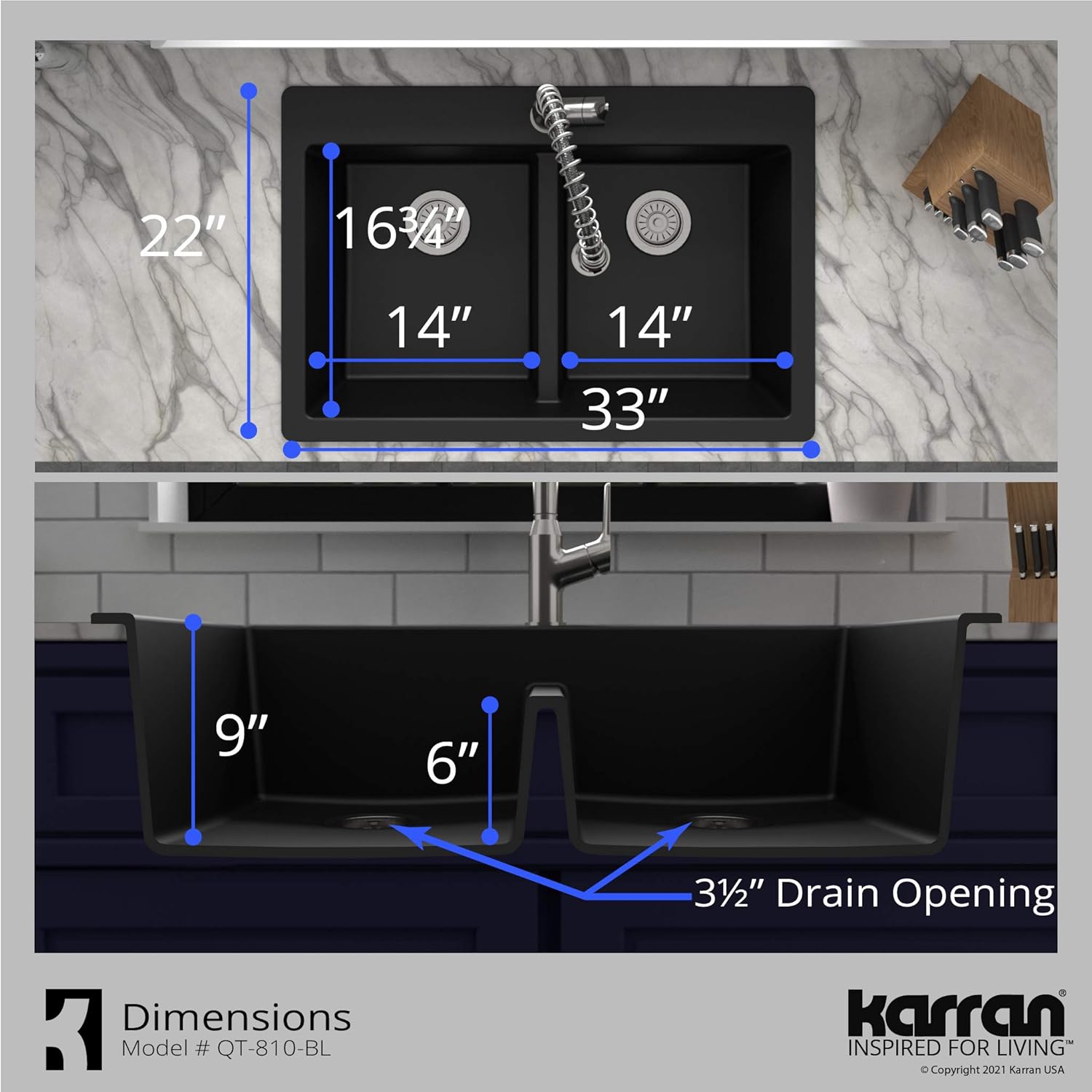 Karran QT-810 33" Top Mount Double Equal Bowl Quartz Kitchen Sink in Black Karran QT-810 33" Top Mount Double Equal Bowl Quartz Kitchen Sink in Black