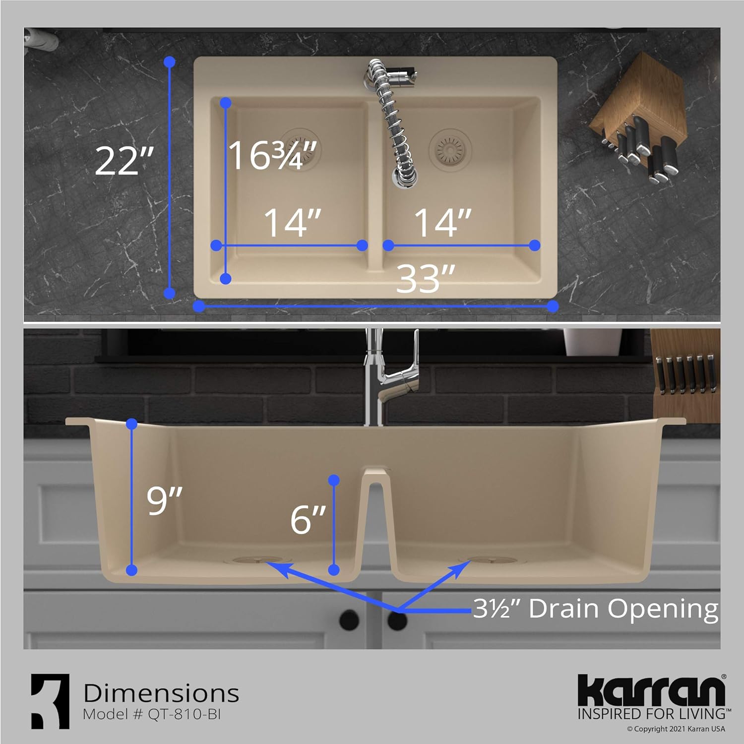Karran QT-810 33" Top Mount Double Equal Bowl Quartz Kitchen Sink in Bisque Karran QT-810 33" Top Mount Double Equal Bowl Quartz Kitchen Sink in Bisque