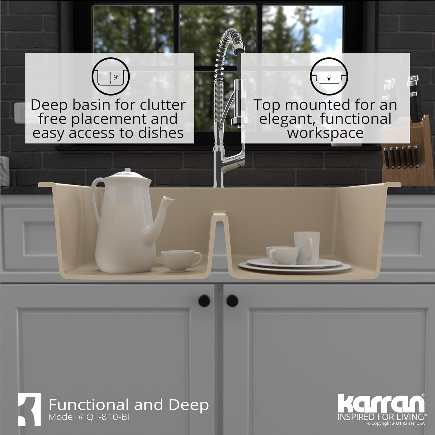 Karran QT-810 33" Top Mount Double Equal Bowl Quartz Kitchen Sink in Bisque Karran QT-810 33" Top Mount Double Equal Bowl Quartz Kitchen Sink in Bisque