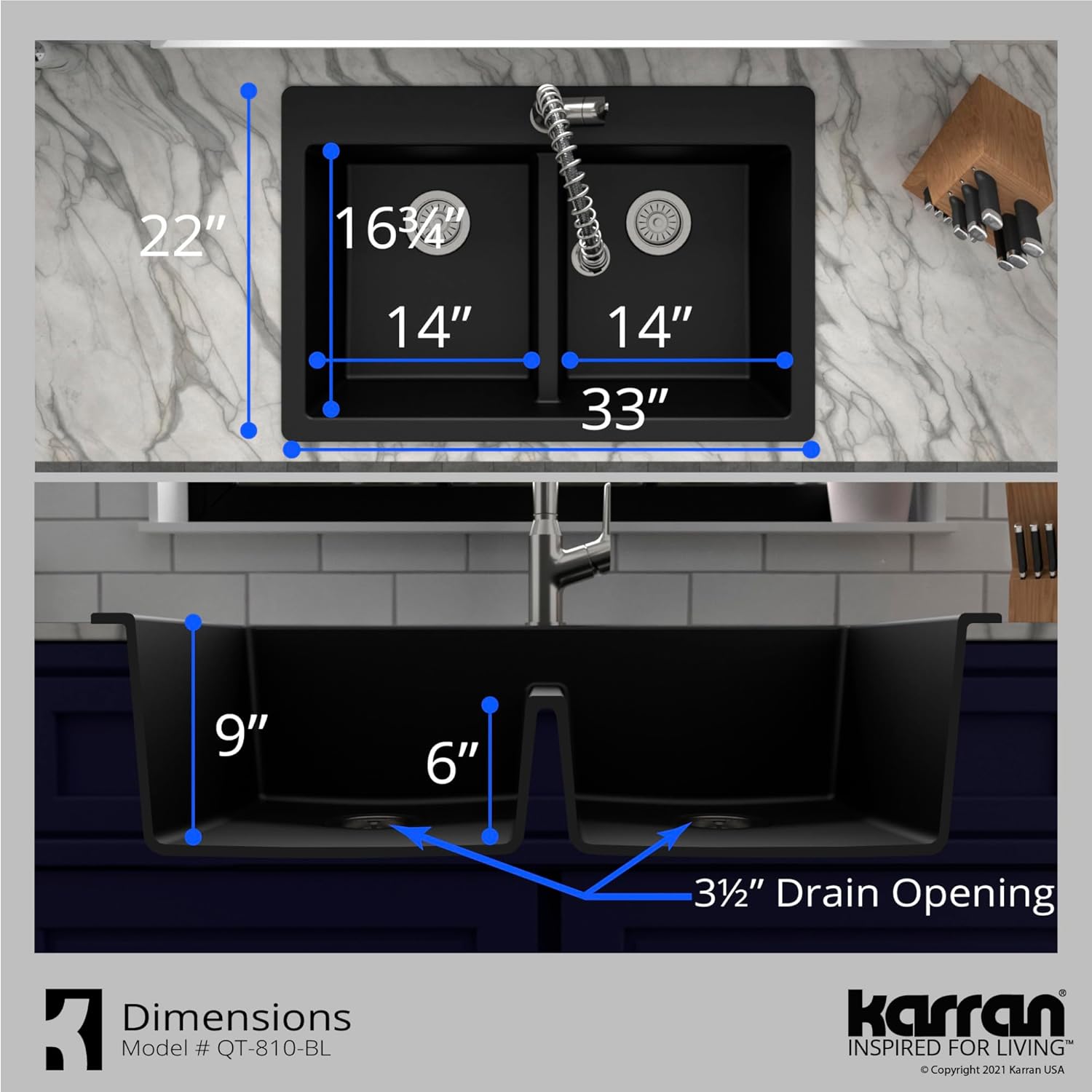 Karran QT-810 33" Top Mount Double Equal Bowl Quartz Kitchen Sink in Brown Karran QT-810 33" Top Mount Double Equal Bowl Quartz Kitchen Sink in Brown