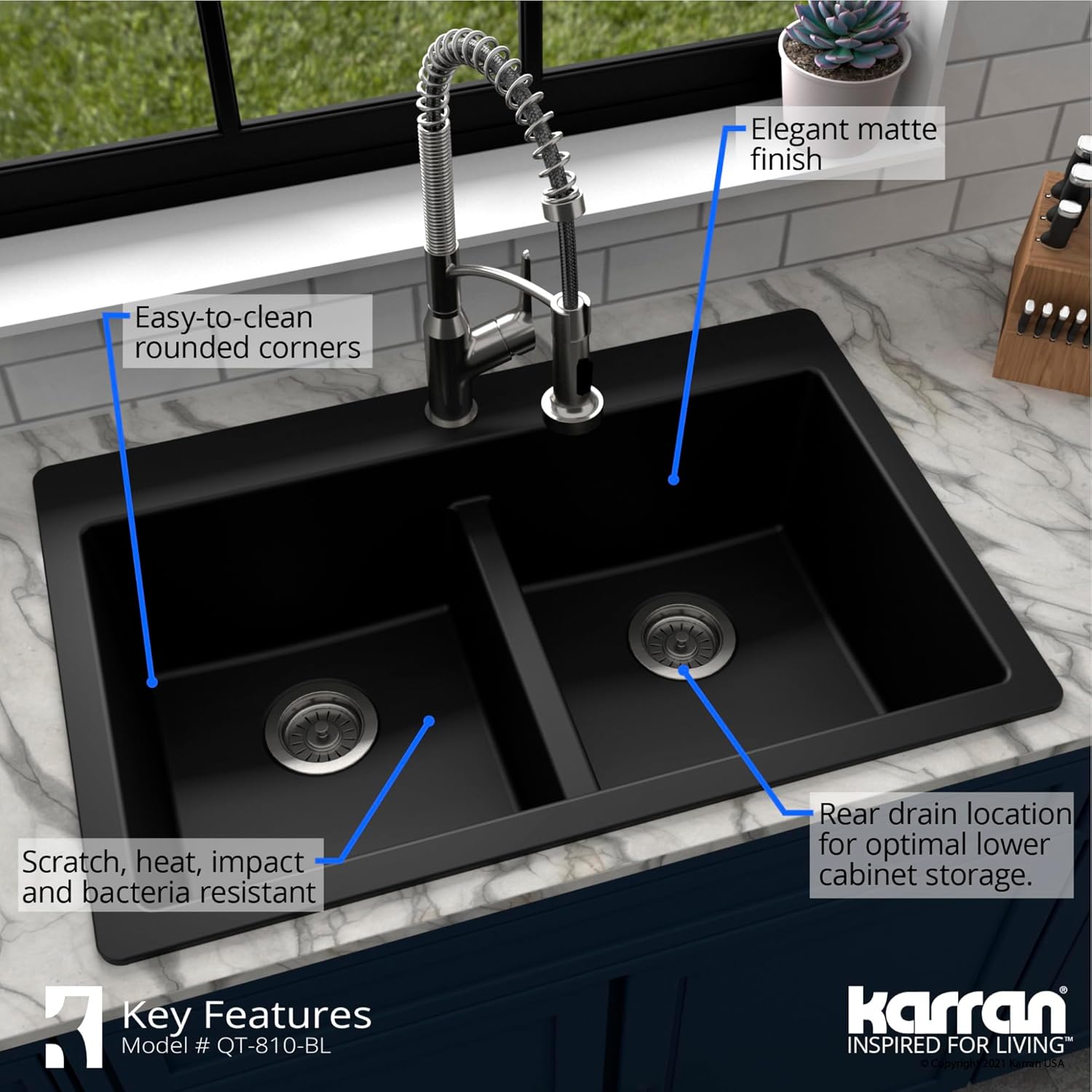 Karran QT-810 33" Top Mount Double Equal Bowl Quartz Kitchen Sink in Brown Karran QT-810 33" Top Mount Double Equal Bowl Quartz Kitchen Sink in Brown