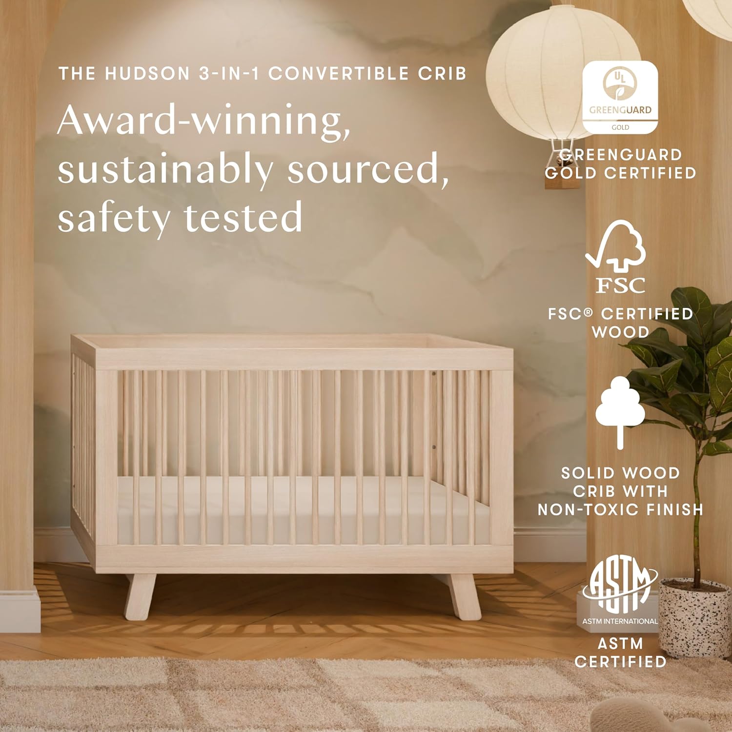 Babyletto Hudson 3-in-1 Convertible Baby Crib - Baby Bed with 4 Adjustable Heights - Wooden Crib - Washed Natural Babyletto Hudson 3-in-1 Convertible Baby Crib - GREENGUARD Gold Certified - Convertible Crib to Toddler Bed and Daybed - Baby Bed with 4 Adjustable Heights - Wooden Crib - Washed Natural