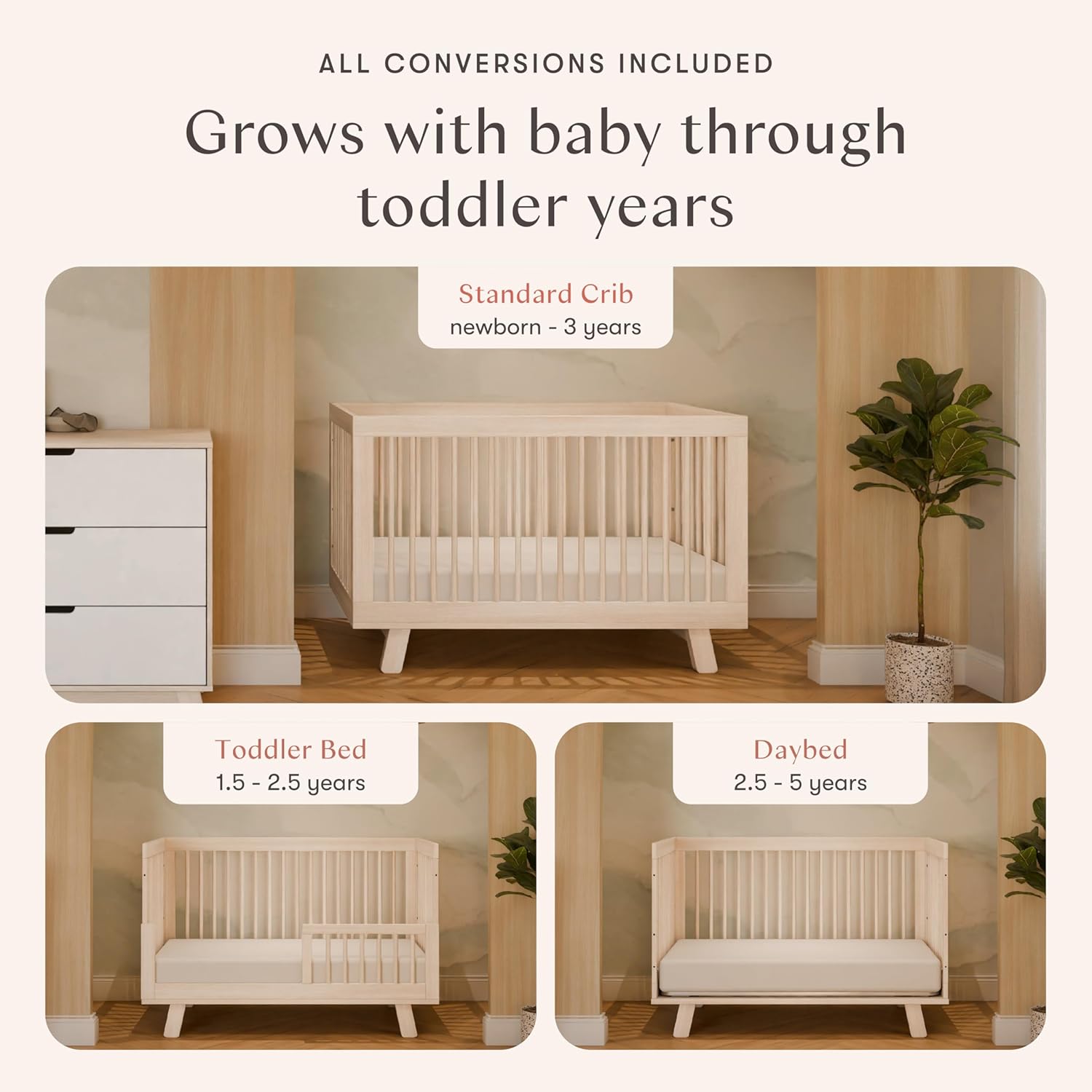 Babyletto Hudson 3-in-1 Convertible Baby Crib - Baby Bed with 4 Adjustable Heights - Wooden Crib - Washed Natural Babyletto Hudson 3-in-1 Convertible Baby Crib - GREENGUARD Gold Certified - Convertible Crib to Toddler Bed and Daybed - Baby Bed with 4 Adjustable Heights - Wooden Crib - Washed Natural