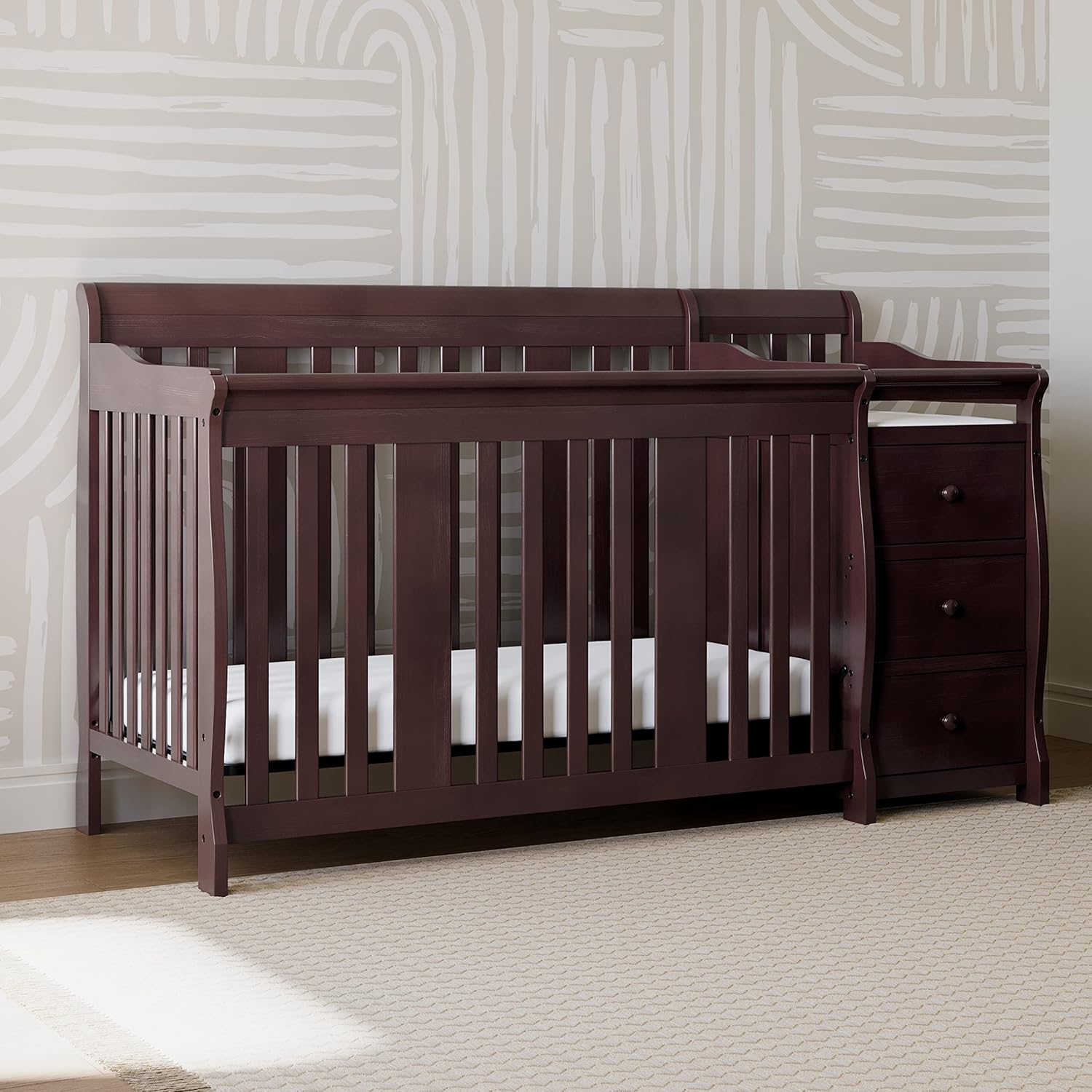 Storkcraft Portofino 5-in-1 Convertible Crib and Changer (Espresso) Storkcraft Portofino 5-in-1 Convertible Crib and Changer (Espresso) – Crib and Changing -Table Combo with 3 Drawers, Includes Baby Changing Pad, Converts to Full-Size Bed