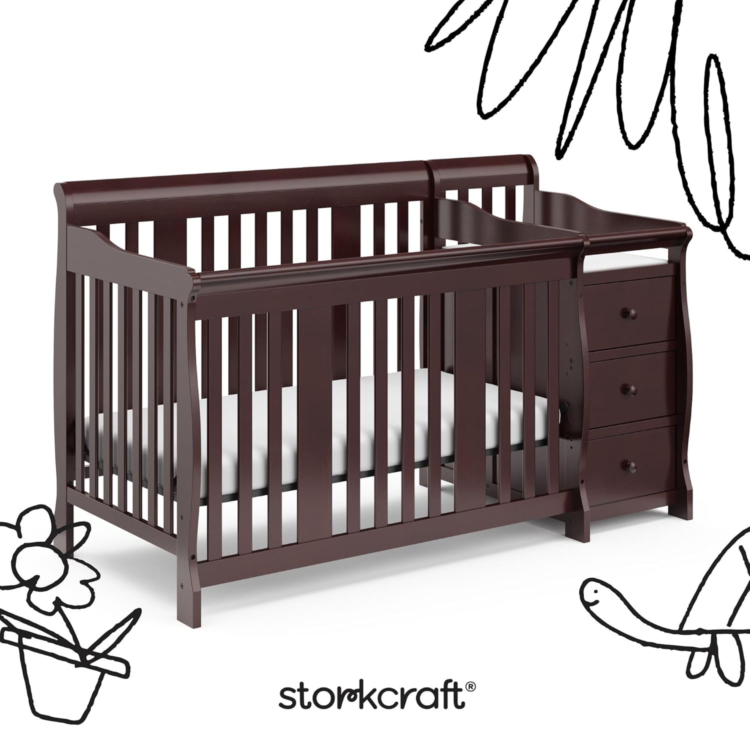 Storkcraft Portofino 5-in-1 Convertible Crib and Changer (Espresso) Storkcraft Portofino 5-in-1 Convertible Crib and Changer (Espresso) – Crib and Changing -Table Combo with 3 Drawers, Includes Baby Changing Pad, Converts to Full-Size Bed