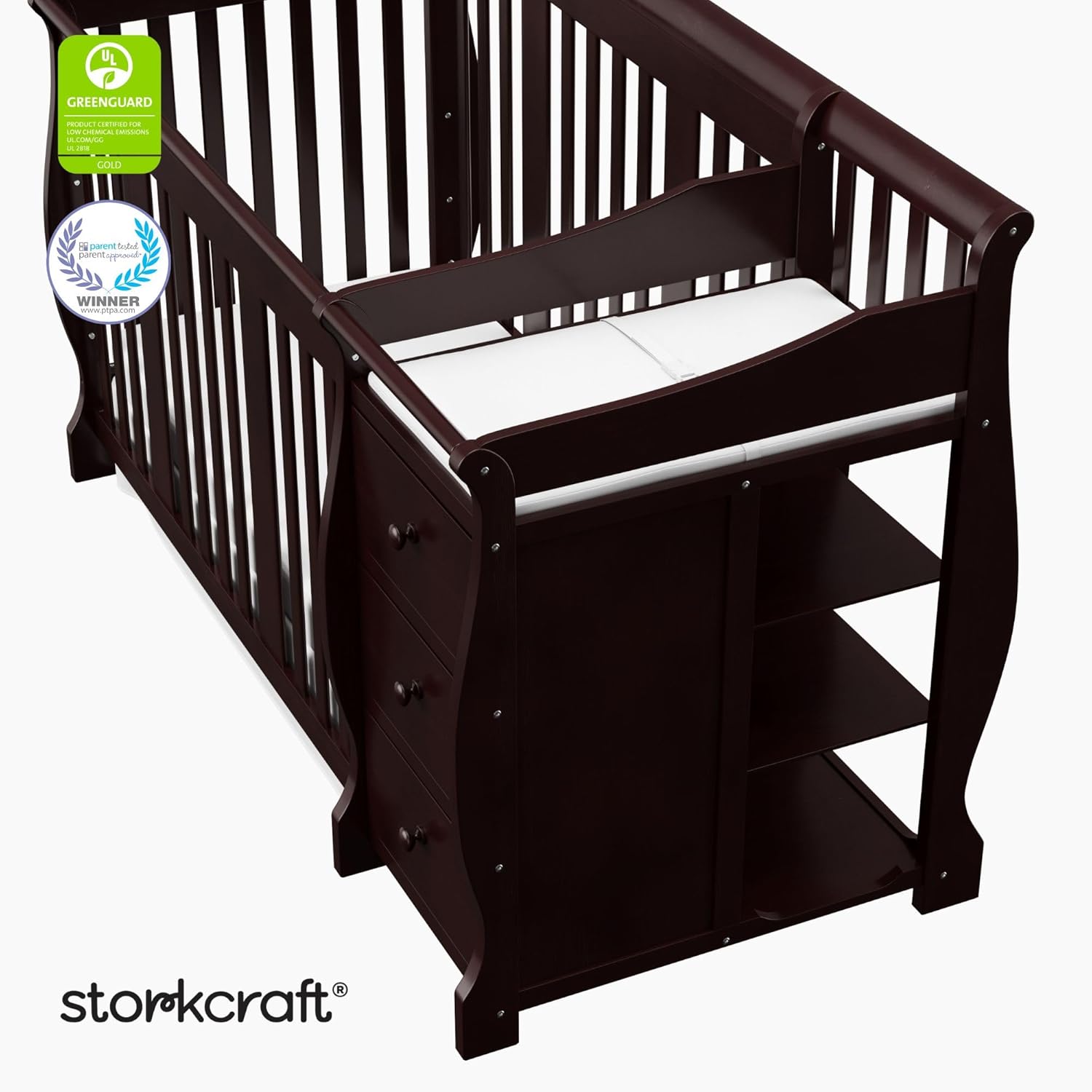 Storkcraft Portofino 5-in-1 Convertible Crib and Changer (Espresso) Storkcraft Portofino 5-in-1 Convertible Crib and Changer (Espresso) – Crib and Changing -Table Combo with 3 Drawers, Includes Baby Changing Pad, Converts to Full-Size Bed