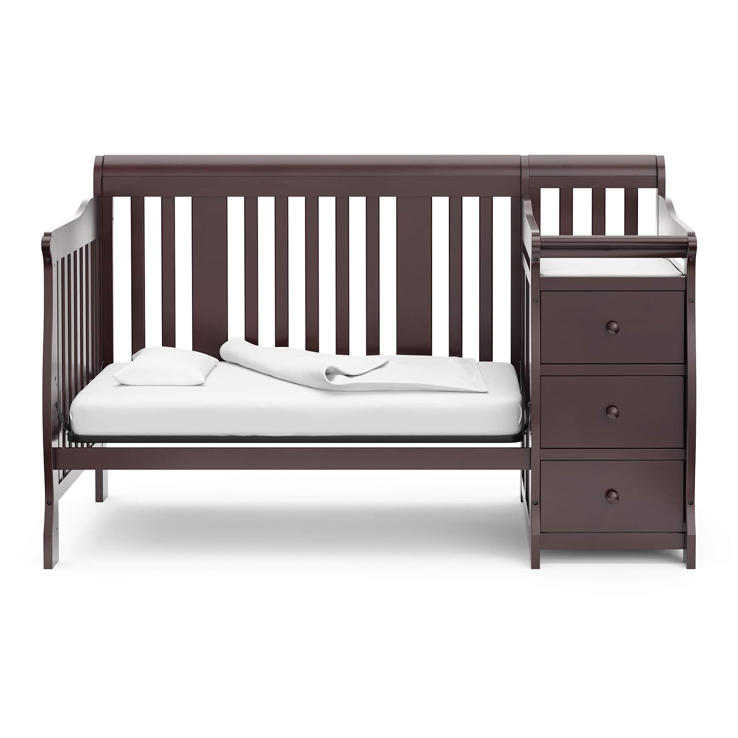 Storkcraft Portofino 5-in-1 Convertible Crib and Changer (Espresso) Storkcraft Portofino 5-in-1 Convertible Crib and Changer (Espresso) – Crib and Changing -Table Combo with 3 Drawers, Includes Baby Changing Pad, Converts to Full-Size Bed