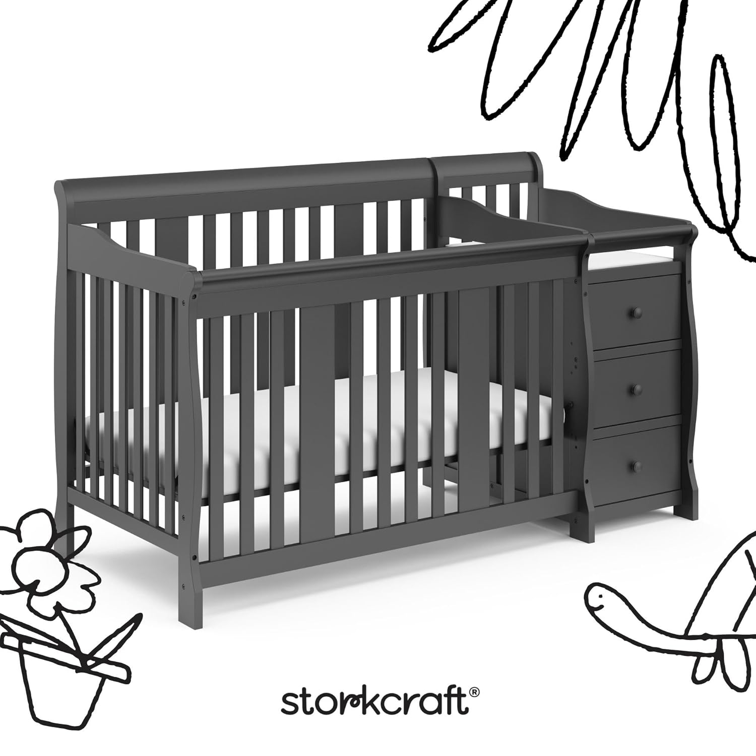 STORKCRAFT Portofino 4 In 1 Fixed Side Convertible Crib Changer, Gray STORKCRAFT Portofino 4 In 1 Fixed Side Convertible Crib Changer, Gray