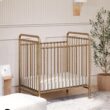 NAMESAKE Abigail 3-in-1 Portable Baby Crib with Wheels - Metal Baby Bed w/ 4 Adjustable Mattress Heights, for Small Spaces - Gold NAMESAKE Abigail 3-in-1 Portable Baby Crib with Wheels - GREENGUARD Gold Certified Convertible Crib to Toddler Bed & Daybed - Metal Baby Bed w/ 4 Adjustable Mattress Heights, for Small Spaces - Gold
