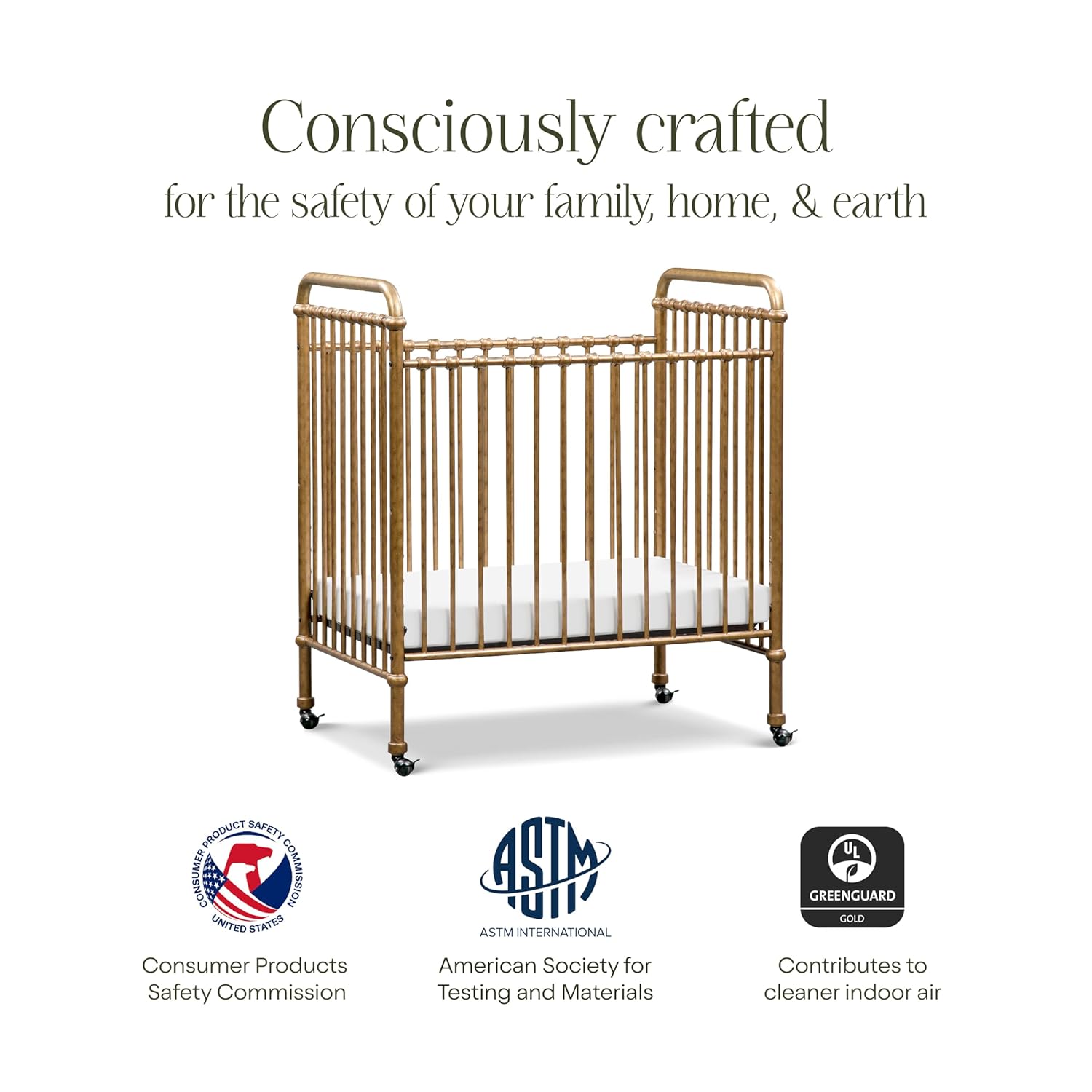 NAMESAKE Abigail 3-in-1 Portable Baby Crib with Wheels - Metal Baby Bed w/ 4 Adjustable Mattress Heights, for Small Spaces - Gold NAMESAKE Abigail 3-in-1 Portable Baby Crib with Wheels - GREENGUARD Gold Certified Convertible Crib to Toddler Bed & Daybed - Metal Baby Bed w/ 4 Adjustable Mattress Heights, for Small Spaces - Gold
